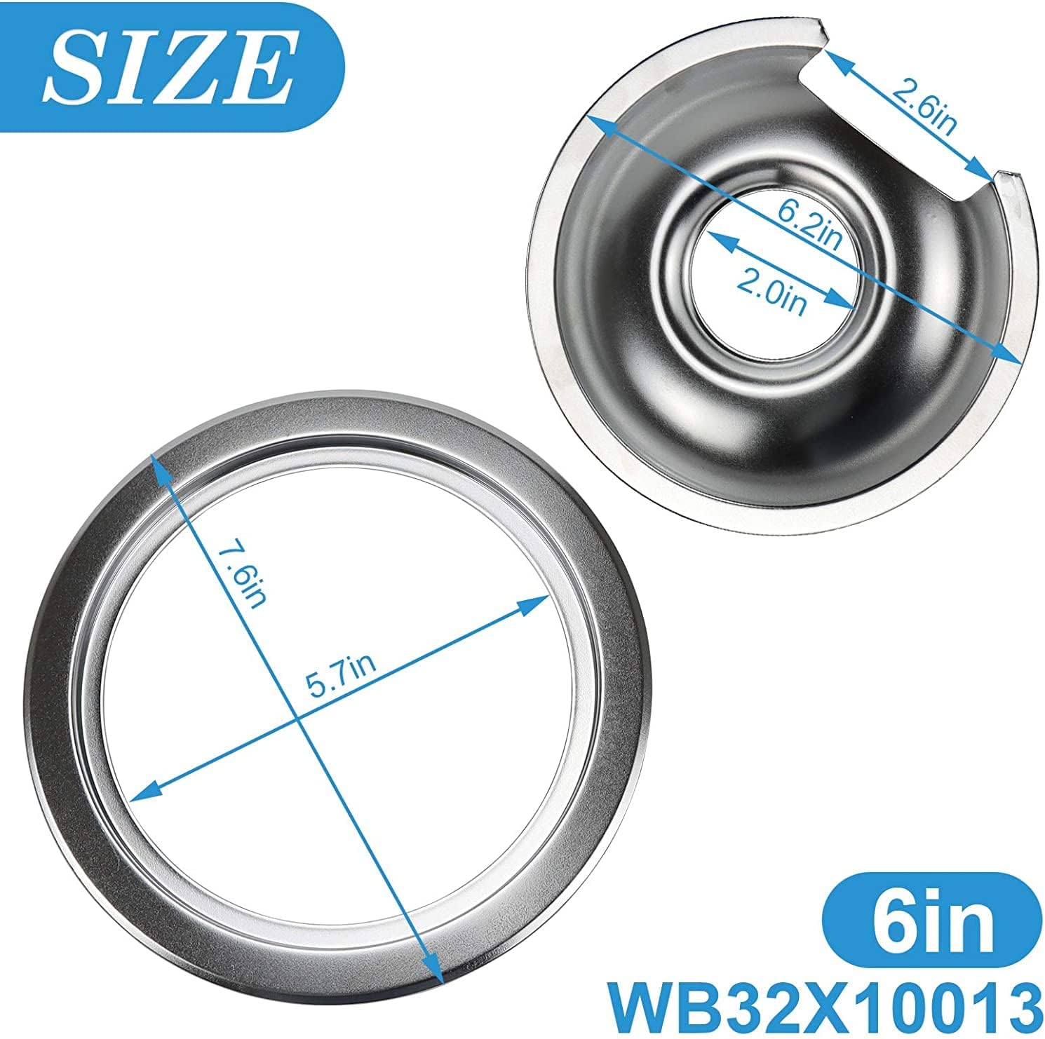 Burner Drip Bowl 2 Large 8'' WB32X10013 & 2 Small 6'' WB32X10012 Chrome Drip Pan Set 4-Pack Fits for GE Electric Range by APPLIANCEMATES Replacement Parts (2) 6" Pan/Ring & (2) 8" Pan/Ring : Appliances