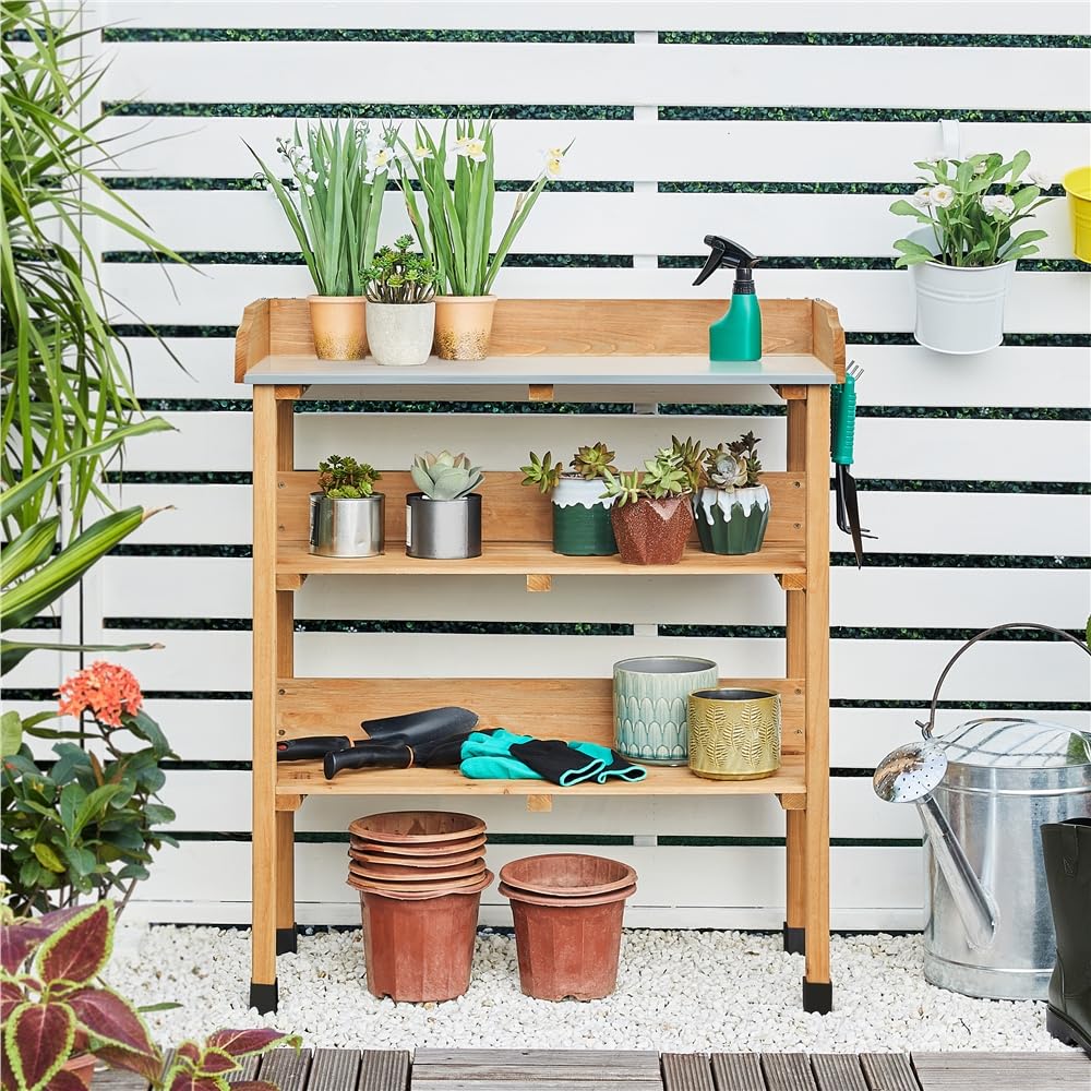 Yaheetech Mesa Jardinería 3 Niveles de Madera para Plantación 90cm de Altura con Superficie de Trabajo de Metal Impermeabilidad y Durabilidad Madera