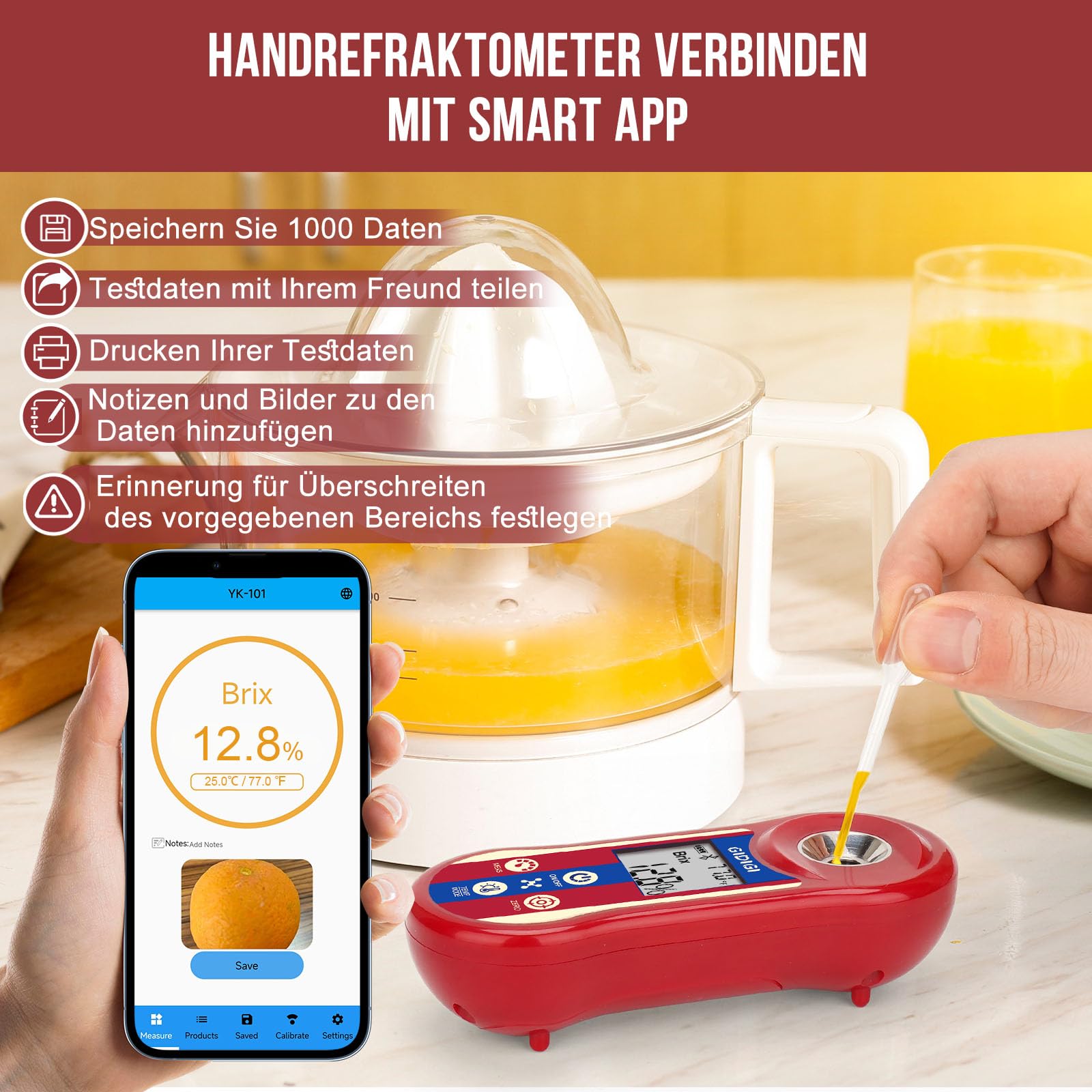 Brix-Refraktometer und Salzgehaltstester, intelligentes Zucker-Brix-Messgerät, Salzrefraktometer für Salzwasser mit ATC, Brix-Messbereich 0,0–60% für Obst, Wein und Bier