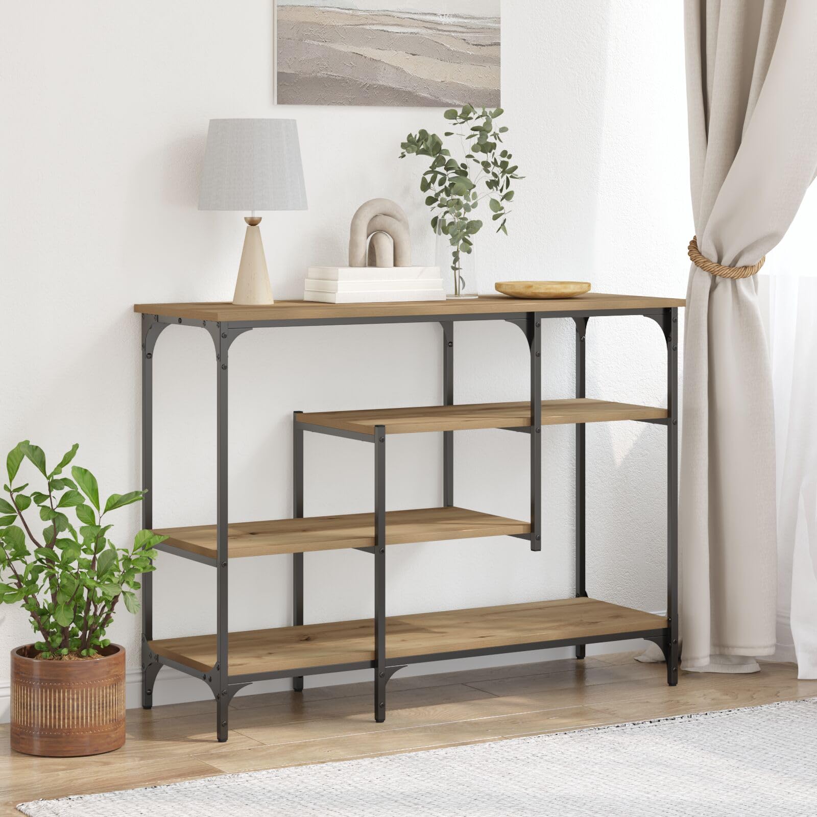 Brokky 863560 Tavolo Console in Rovere Artigianale 100x35x75 cm Legno Ingegnerizzato e Acciaio Tavolo da Console con Ripiani,Tavolino Vintage,Mobile Ausiliario in Legno,per Soggiorno,Ingresso,Corrido