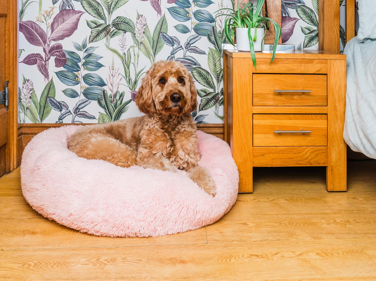 Woof & Whiskers Donut Dog Bed Pink Large 80cm - Calming Round Plush Pet Bed for Dogs & Cats - Image 2