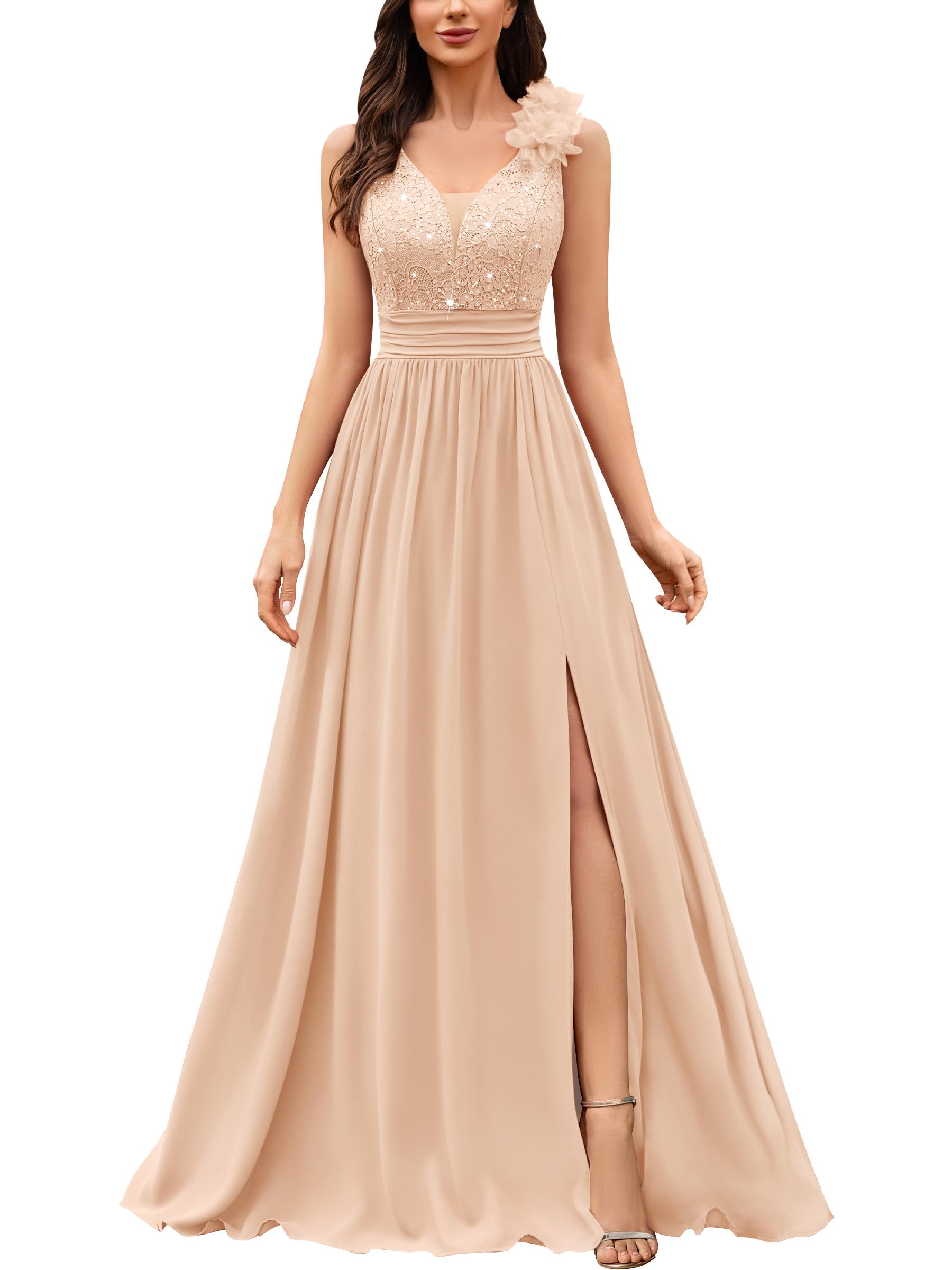 Miusol Womens Vintage V-Neck Sleeveless Sequined Split Formal Evening Maxi Dress