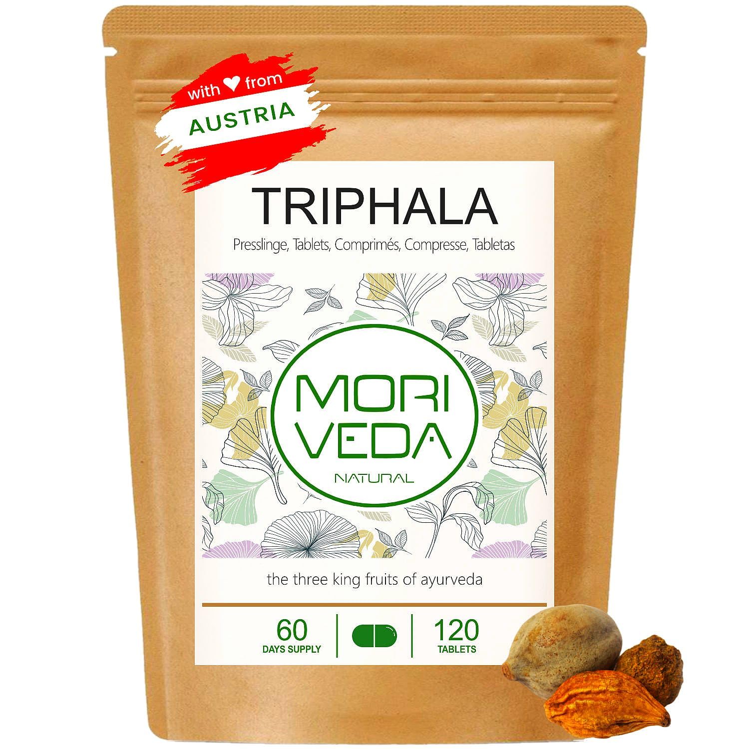 MoriVeda Compresse di Triphala 1000 mg, miscela ayurvedica di tre frutti con Amla, Haritaki e Bibhitaki, integratore alimentare vegetale vegano, 120 compresse
