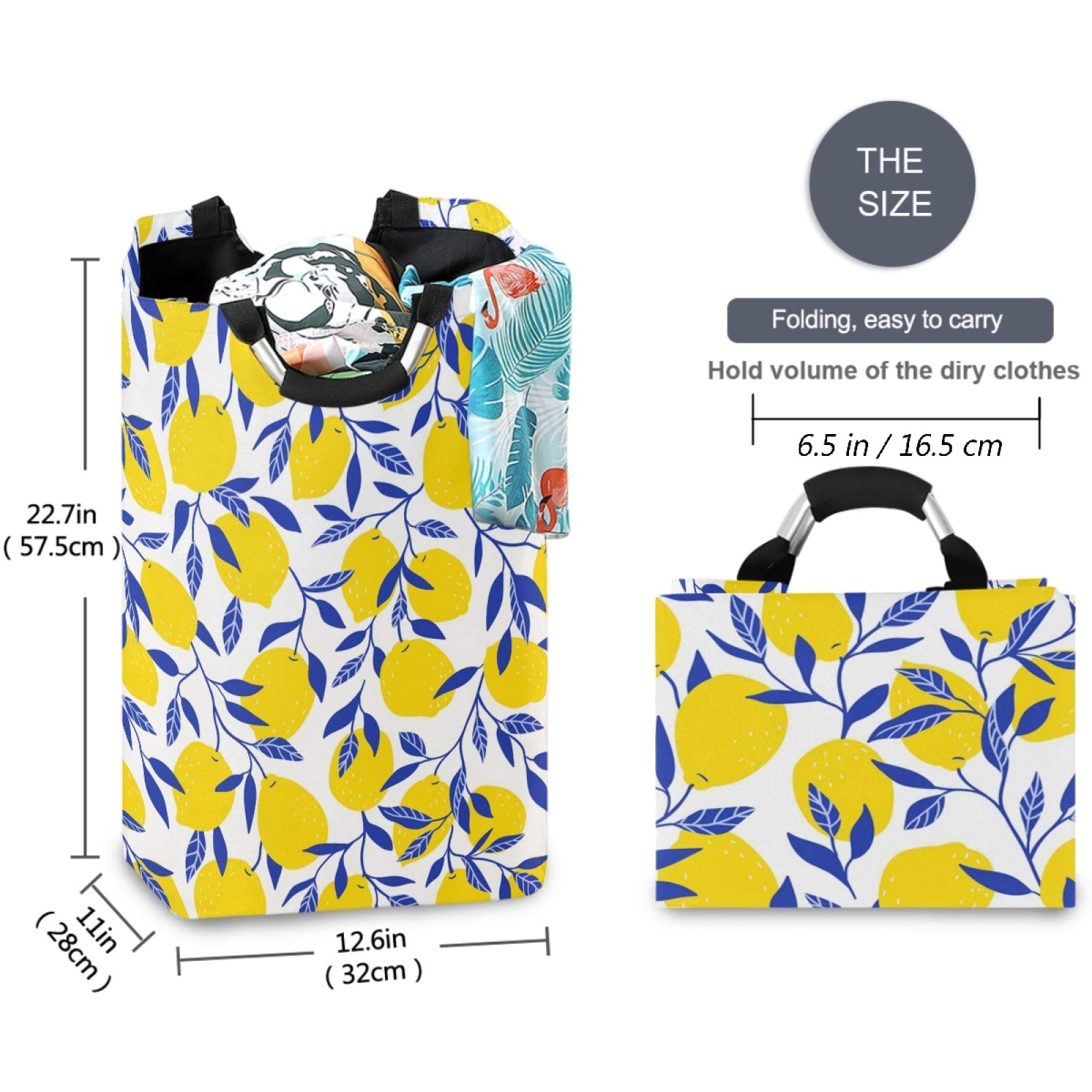 visesunny Collapsible Laundry Basket Yellow Lemon with Blue Leaf Large Laundry Hamper with Handle Toys and Clothing Organization for Bathroom, Bedroom, Home, Dorm, Travel