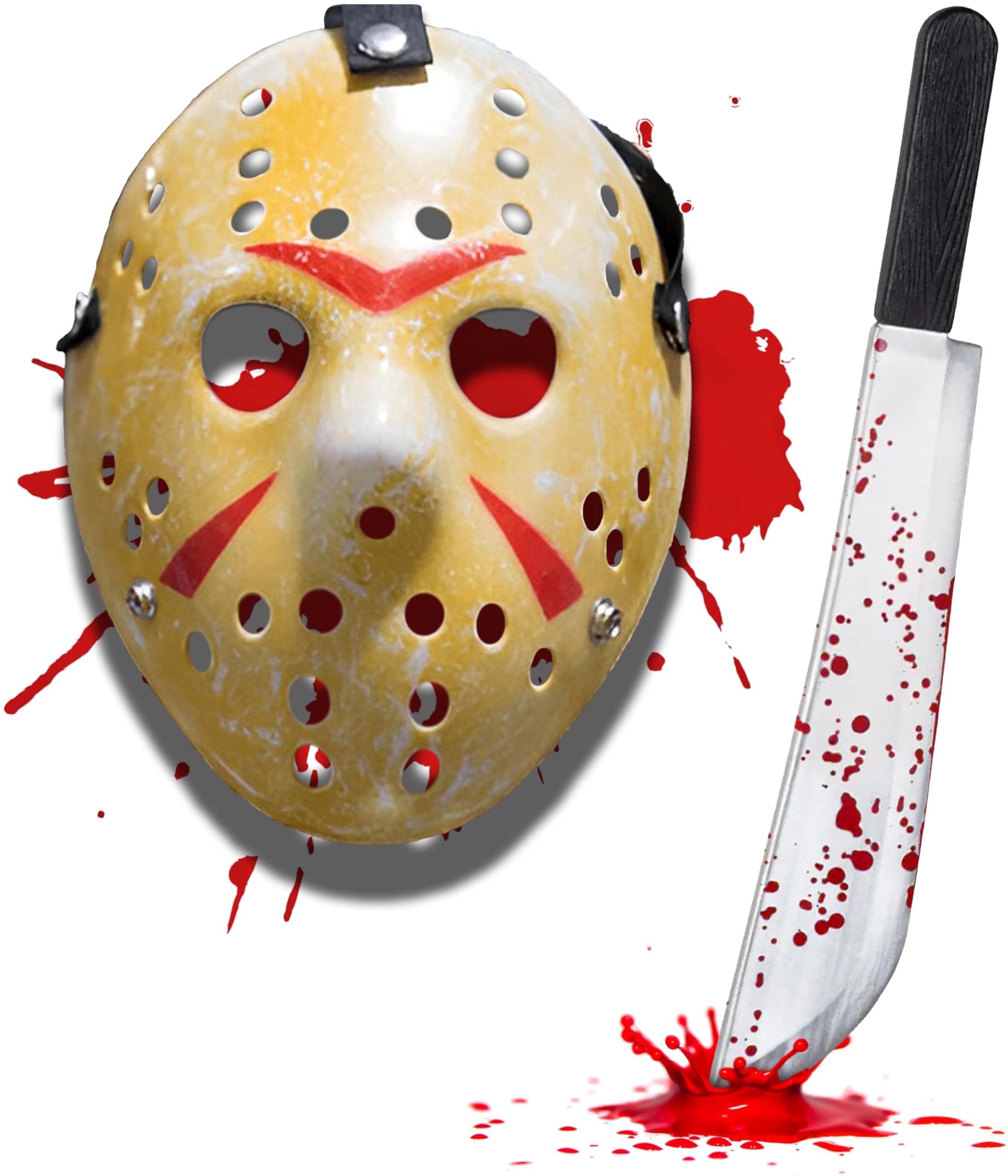 Mega_Jumble Adult Jason Hockey Mask with Bloody Machete Prop 2PCS Set – Scary Killer Jason Voorhees Mask Fancy Dress Costume for Halloween Party Cosplay Themed Events