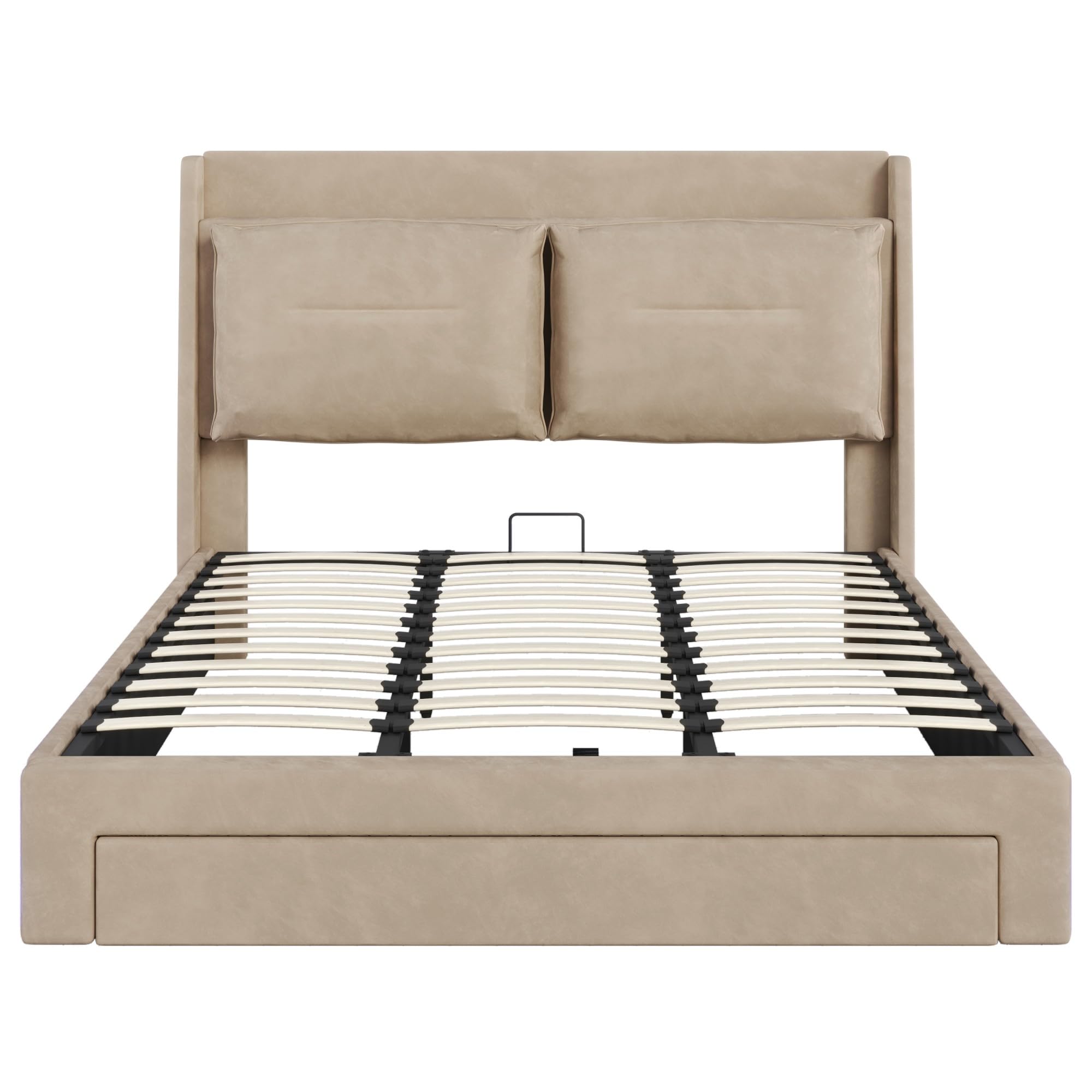 Letto 180x200 con LED e cassetti, letto imbottito 180 x 200 cm, con vano portaoggetti e testiera, letto matrimoniale con rete a doghe, letto giovanile idraulico in velluto, beige, senza materasso