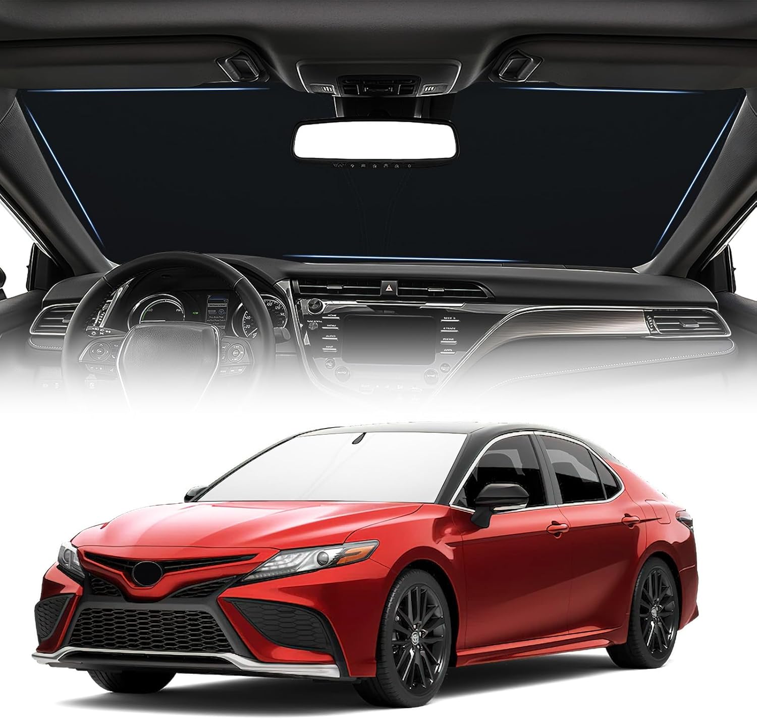 Windshield Sun Shade for 2018-2024 Toyota Camry Accessories Foldable Front Window Shade 310T Thickened Protect from Sun Rays & Heat Damage Fully Covered to Keep Car Cool
