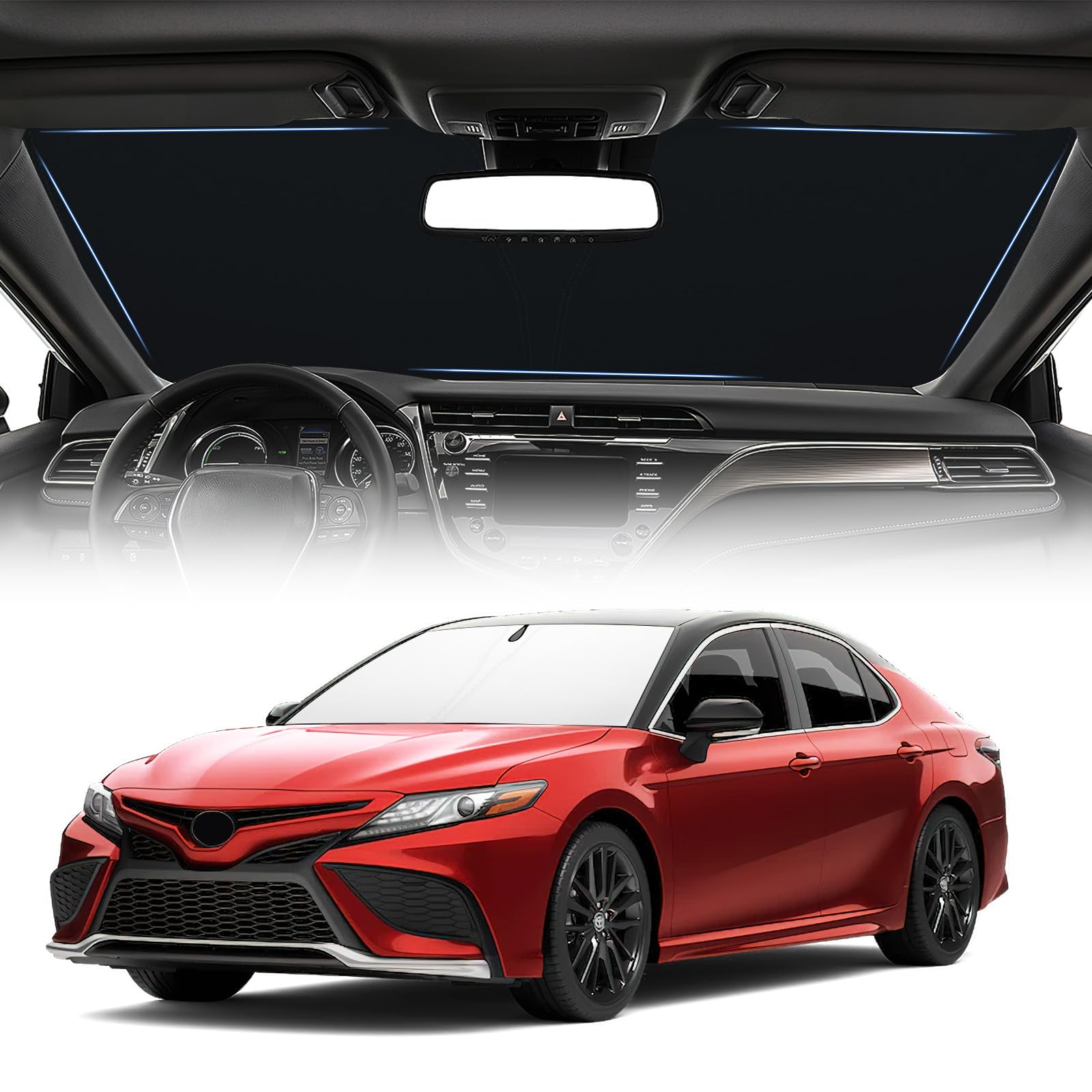 Windshield Sun Shade for 2018-2024 Toyota Camry Accessories Foldable Front Window Shade 310T Thickened Protect from Sun Rays & Heat Damage Fully Covered to Keep Car Cool