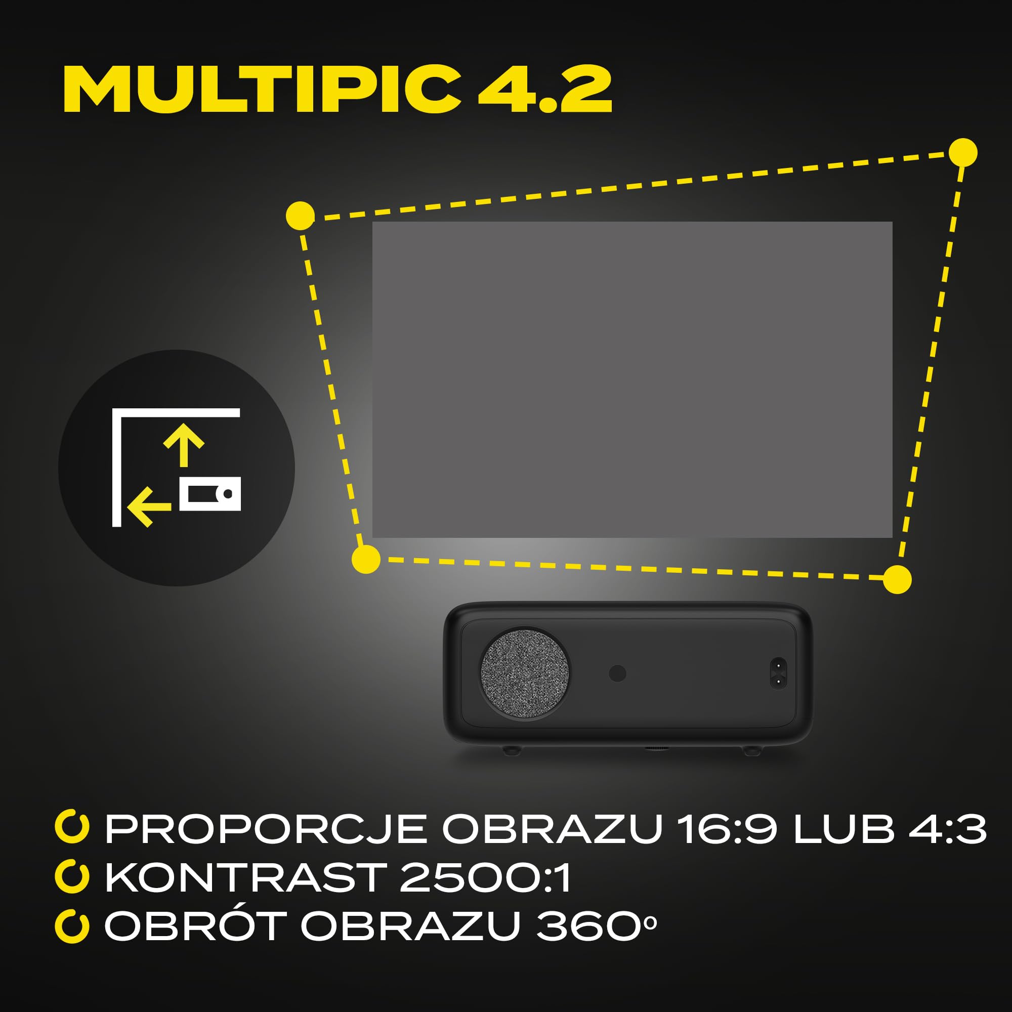 Overmax Multipic 4.2 Full HD 1080p projektor LED 200", 4500 lumenów, system 4-soczewkowy, WiFi 2.4 5G BT HDMI, USB głośnik 360°, rotacja obrazu, przeżyj EURO 2024 i wieczory kina domowego w