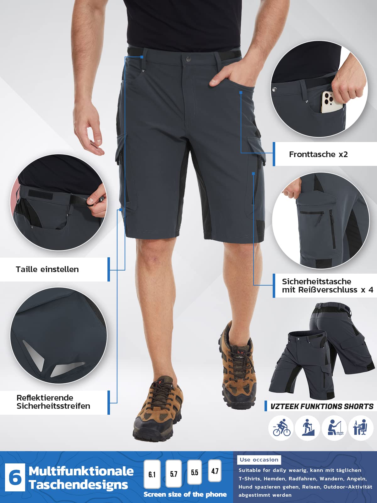 Pantaloni MTB Uomo Estivi Pantaloncini Ciclismo Uomo MTB da Uomo con Imbottitura, 4D fondelloper Cuscino, Traspiranti, ad Asciugatura Rapida 6 Tasche