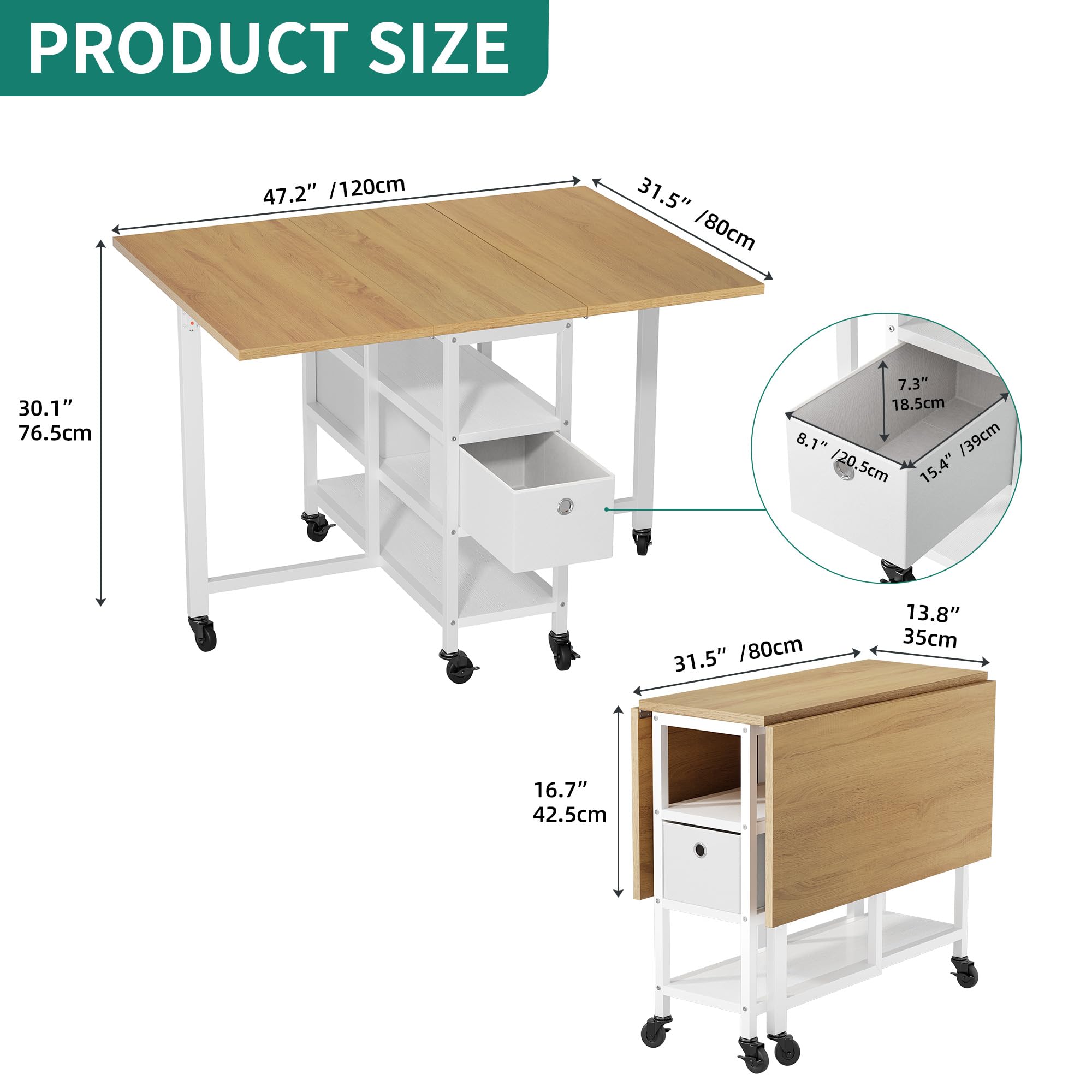 YITAHOME Table de Salle à Manger Pliable, Table Rabattable Mobile avec 6 roulettes et tiroirs de Rangement pour Petits espaces, Cuisine, Salle à Manger, Chêne Jaune et Blanc