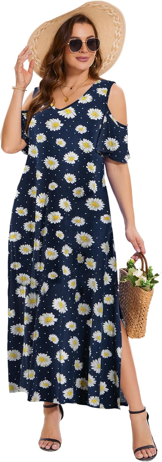 Plus Size Dresses for Women Summer V Neck Cold Shoulder Short Sleeve Split Long Beach Dresses with Pockets - Image 5