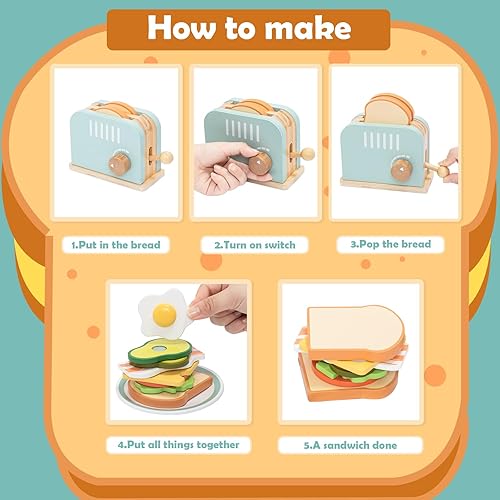 Miniatura 5 de Juego de cocina de madera con tostadora, 17 piezas, accesorios de comida para niños pequeños de aprendizaje temprano, juego de juego de desayuno,