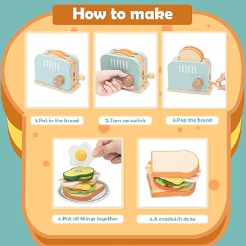 Wooden Toaster Toy Set for Kids – Pretend Play Pop-Up Toaster Breakfast Playset with Bread, Butter, Knife, Egg & Food Accessories – Montessori Kitchen Toy for Toddlers Age 3+