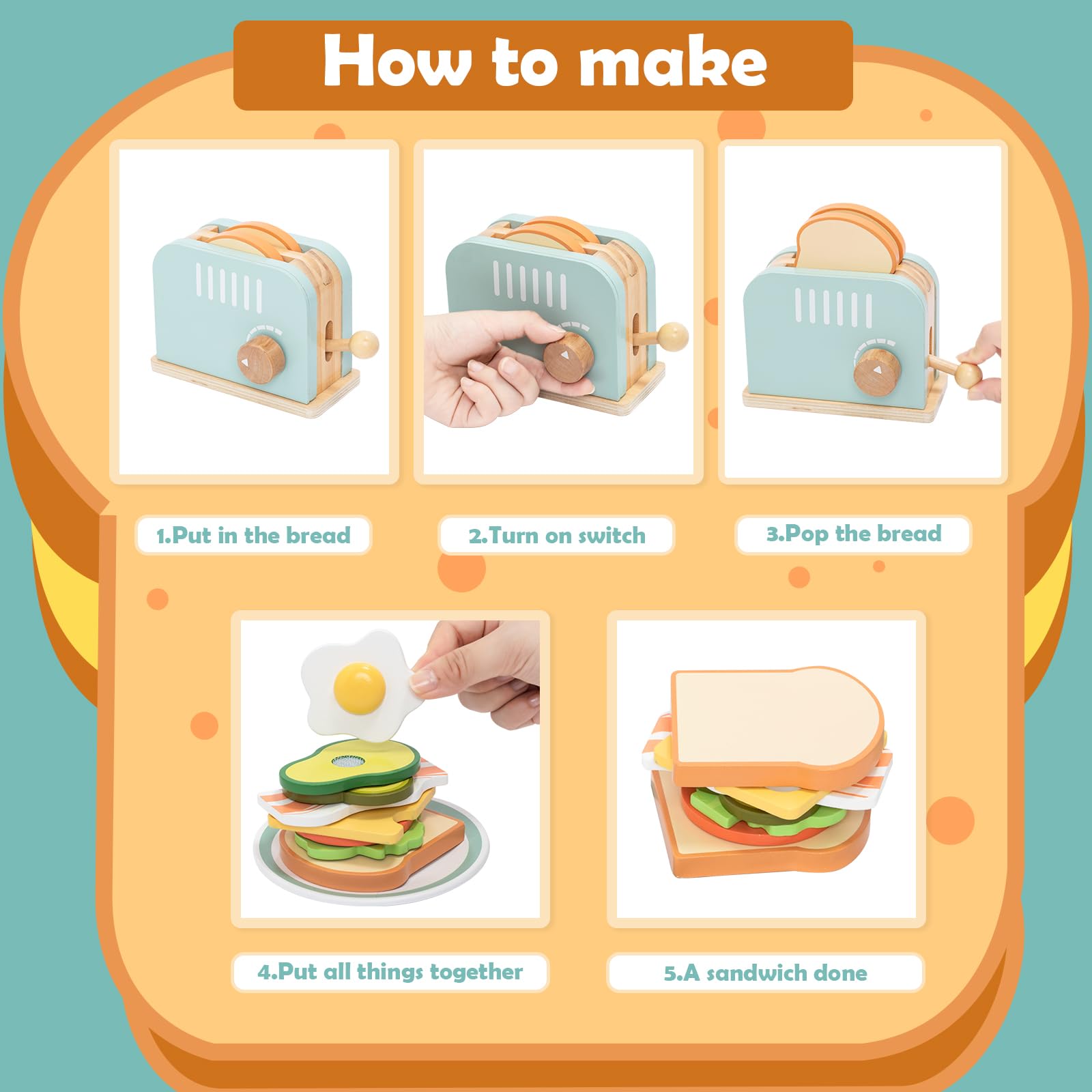 Toaster-Spielzeug-Set aus Holz für Kinder – Simulationsspiel – Pop-up-Toaster mit Brot, Butter, Messer, Ei und Lebensmittelzubehör – Montessori-Küchenspielzeug für Kleinkinder