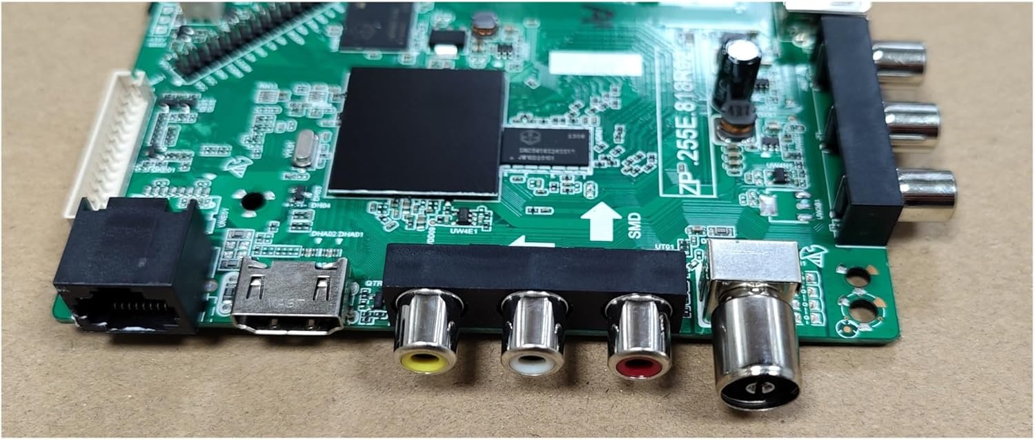 Close-up view of the input/output ports on the JOTTDSYL ZP.255E.818R02 Smart TV Motherboard, including HDMI, USB, AV, and Ethernet.