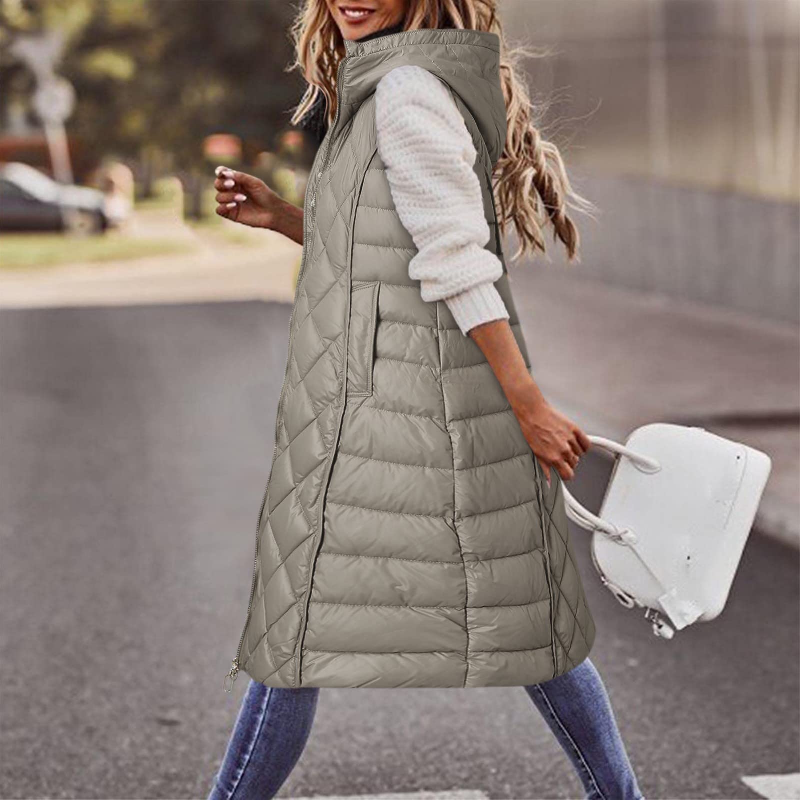 Doudoune sans Manches Femme avec Capuche, Veste Matelassée Femme Automne Hiver Chaud Veste Chauffante À Capuche Longue Zippée Hooded Automne Hiver Extérieure À Courtepointe Blouson Capuche Gilet