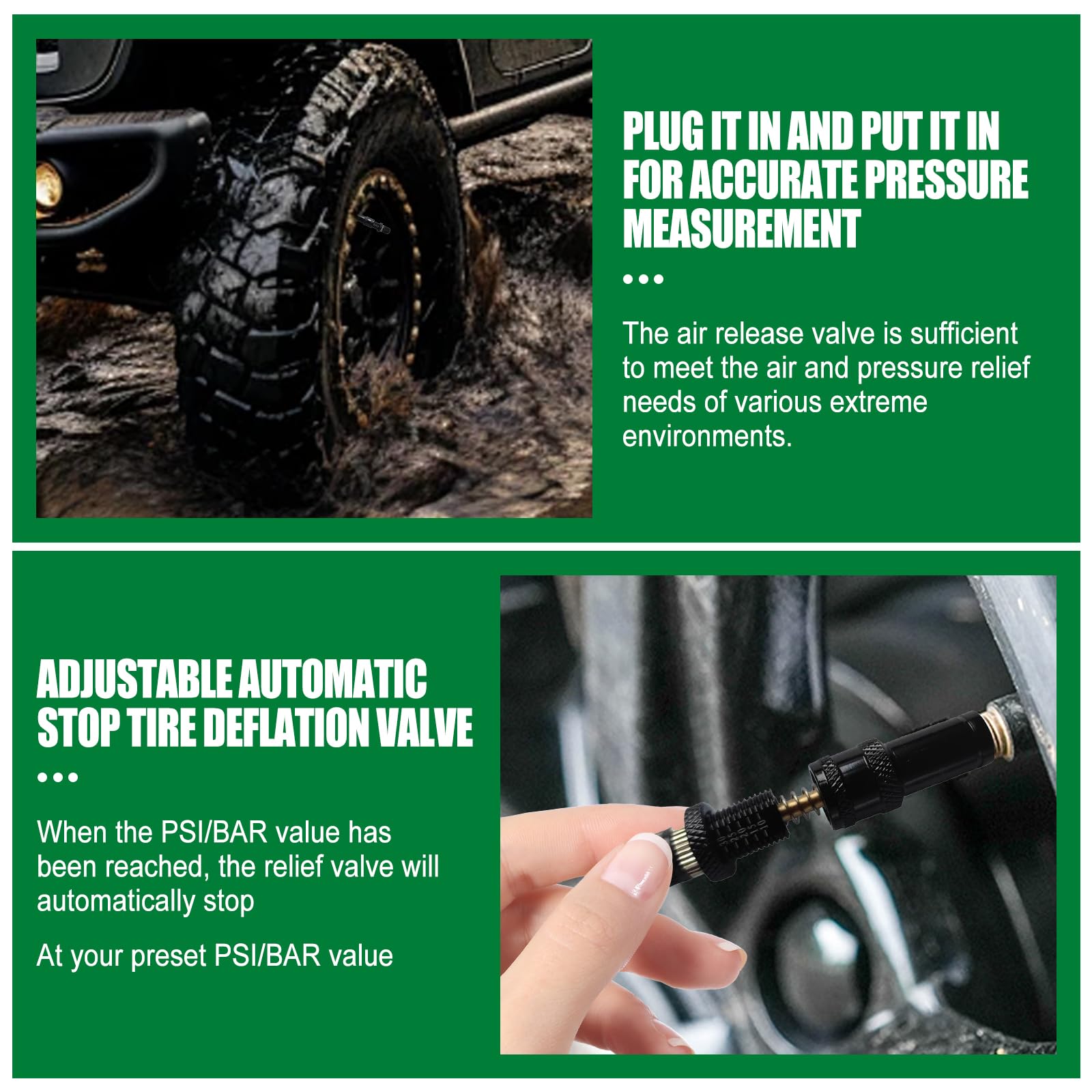 SWTHM 4 Pcs Automatic Tire Deflators Kit, 10-30 PSI / 0.7BAR-2.1BAR Adjustable Tire Deflator with 4 Valve Caps, Auto-Stop Tire Air Deflator Valve for Cars Trucks Motorcycles Offroad Vehicle ATVs Tire