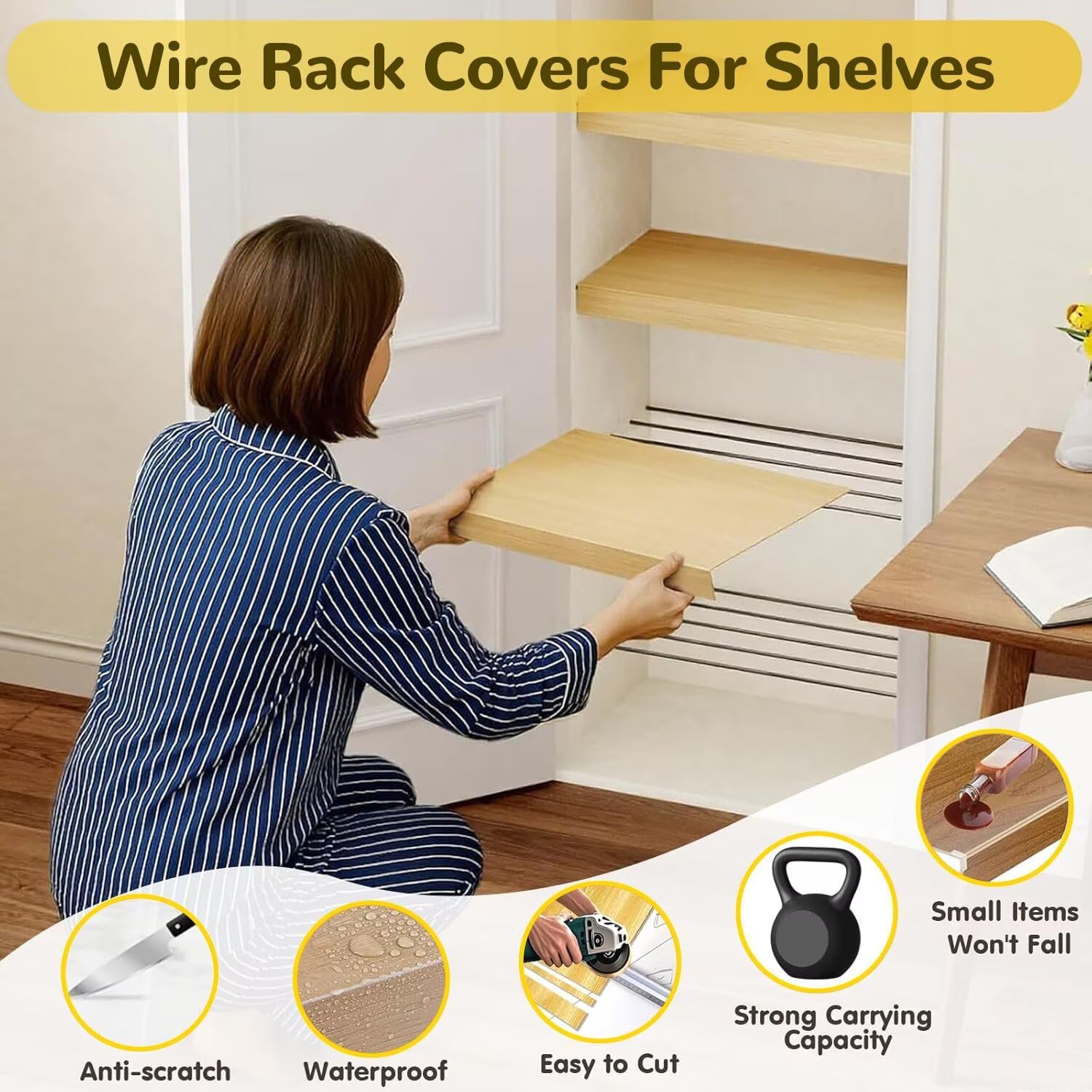 Wire Shelf Cover 16x25 in, 5 PCS Beige Faux Wood Shelf Covers for Wire Shelving, 3" High Wires Rack Covers for Pantry, Waterproof PVC Shelfs Cover for Kitchen Closet