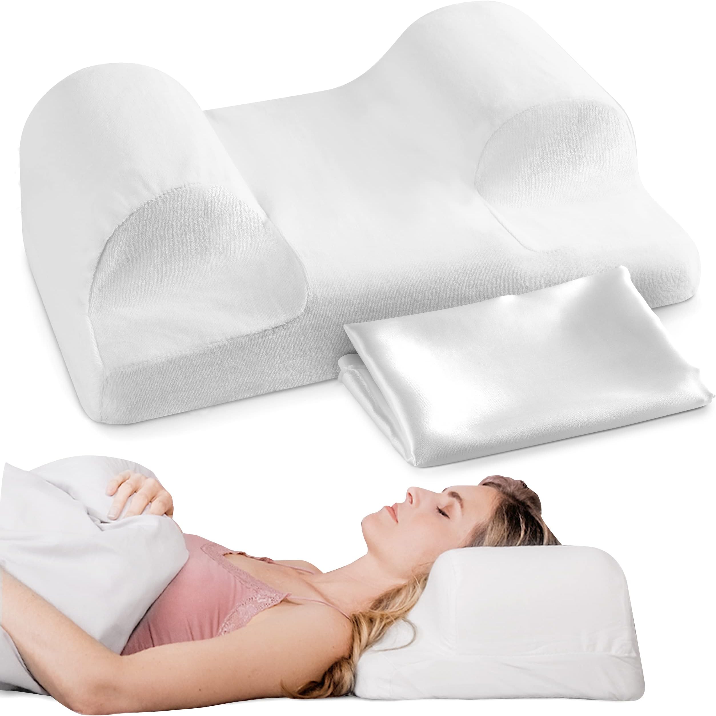 YourFacePillow Back Sleeper Beauty Pillow - Neck Contour Memory Foam Pillow - Ergonomic Neck, Back & Shoulder Support - Standard with Satin Case