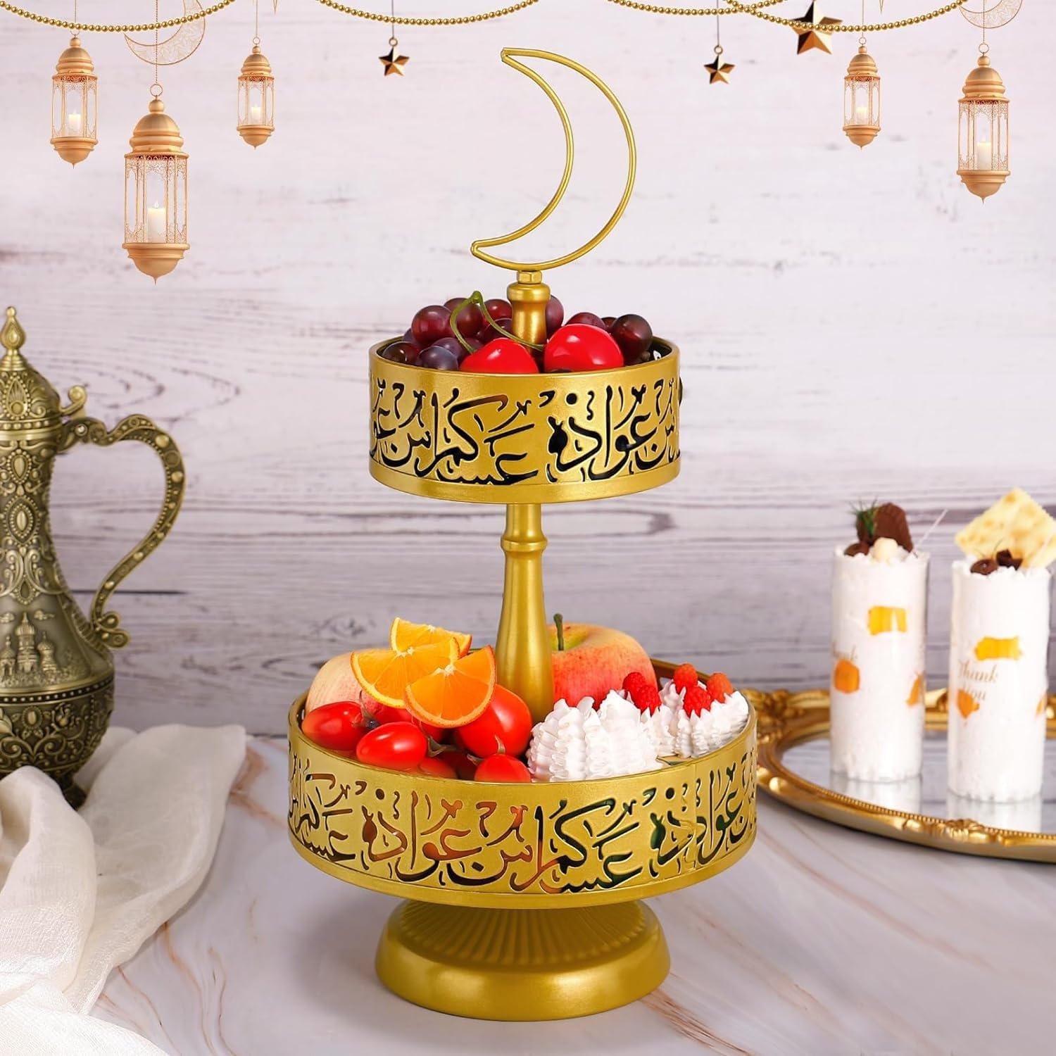 Yoawllty Ramadan Decorations for Home,2-tier Ramadan Serving Tray,Moon Ramadan Stand Pastry Candy Fruit Stand Party Ramadan Table Decoration (Gold)