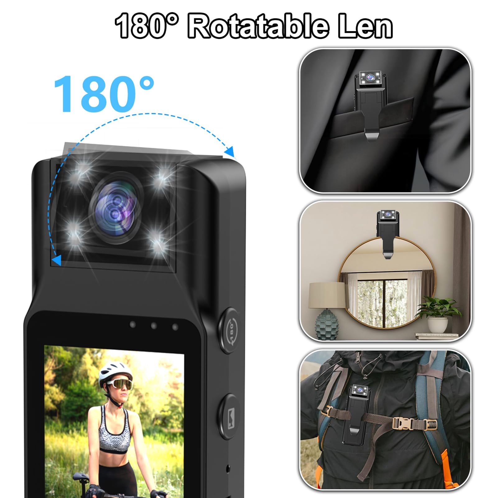 Caméra Corporelle WiFi 1080P Andoer Avec Audio Vidéo - Objectif Rotatif 180° Et Clip Pour Vélo Ou Vêtements