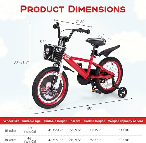 Miniatura 7 de BABY JOY Rabbit Pilot - Bicicleta deportiva para niños, 12, 14, 16, 18 pulgadas, bicicleta infantil para 3-8 años con altura ajustable, ruedas de