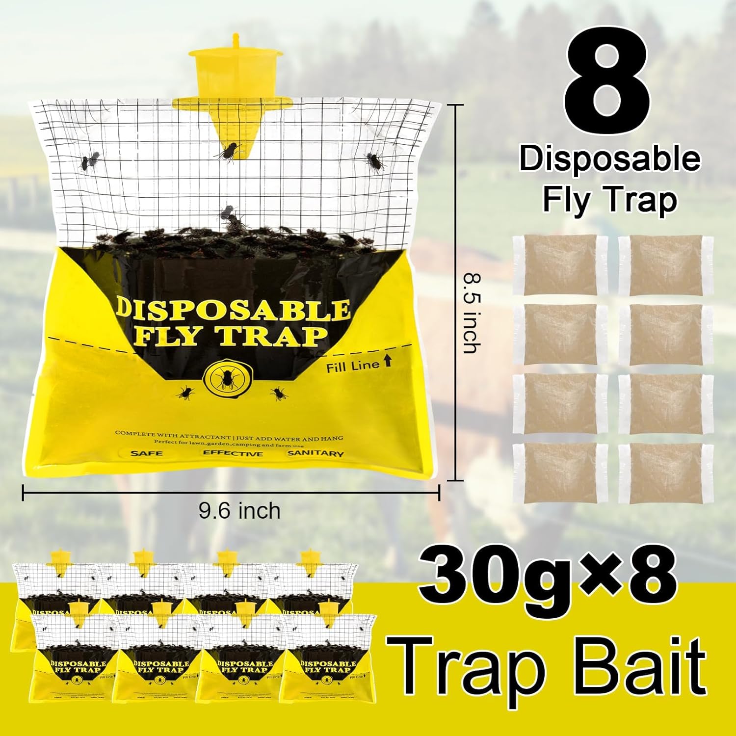Glovv Fly Traps Outdoor Hanging with Fly Bait, 8 Pack Disposable Bags Hunter Ranch Trap, Pre-Baited Flies Bags Flies Control Bug Catcher Killer Repellent for Stable Horse Barn & Farm, All Filth Flies