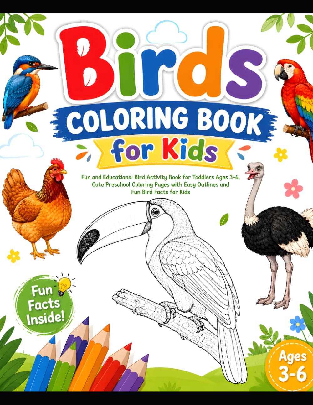 Birds Coloring Book for Kids: Fun and Educational Bird Activity Book for Toddlers Ages 3-6, Cute Preschool Coloring Pages with Easy Outlines and Fun Bird Facts for Kids