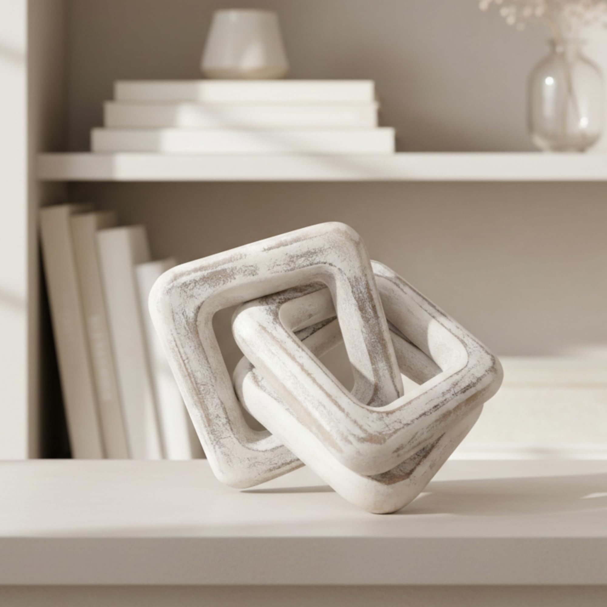 Accent Decora Decorative Chain Link Sculpture | Mango Wood | Made in India | 3 Interlocked Links | Antique White Finish | Boho Home Décor | Housewarming & Wedding Gift 3