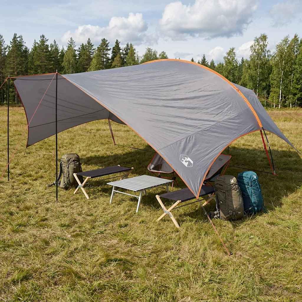 Bâche de camping 695 x 580 x 200 cm, vert olive, bâche de camping en polyester 185T avec cadre en fibre de verre et acier, voile d'ombrage avec piquets et cordes pour l'extérieur
