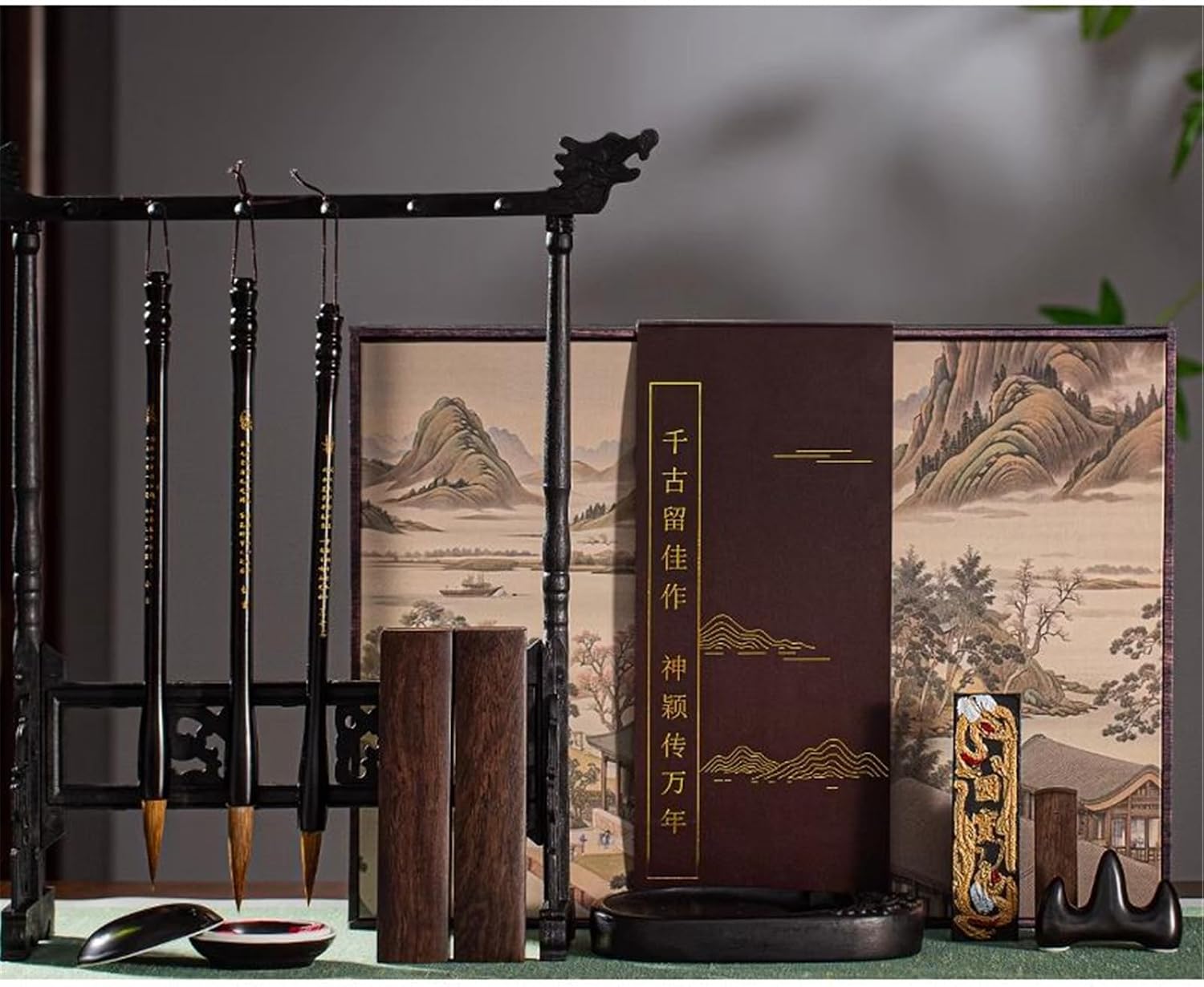 Inkstone Calligraphy Set with Brush, Ink, Paper - Artistic Display Gift 文房四宝套装-shape1