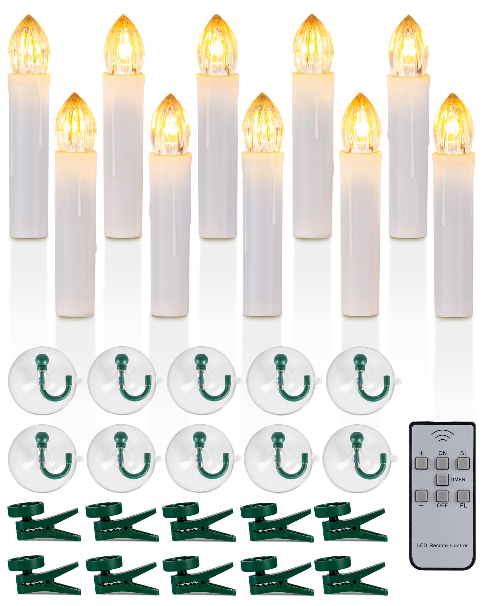 Raycare 10 PCS Battery Operated Taper Candle Lights with Remote, 4 Inches Led Window Candles with 6H Timer, Warm White Bright Flickering Light Christmas Candles with Clips/Suction Cups