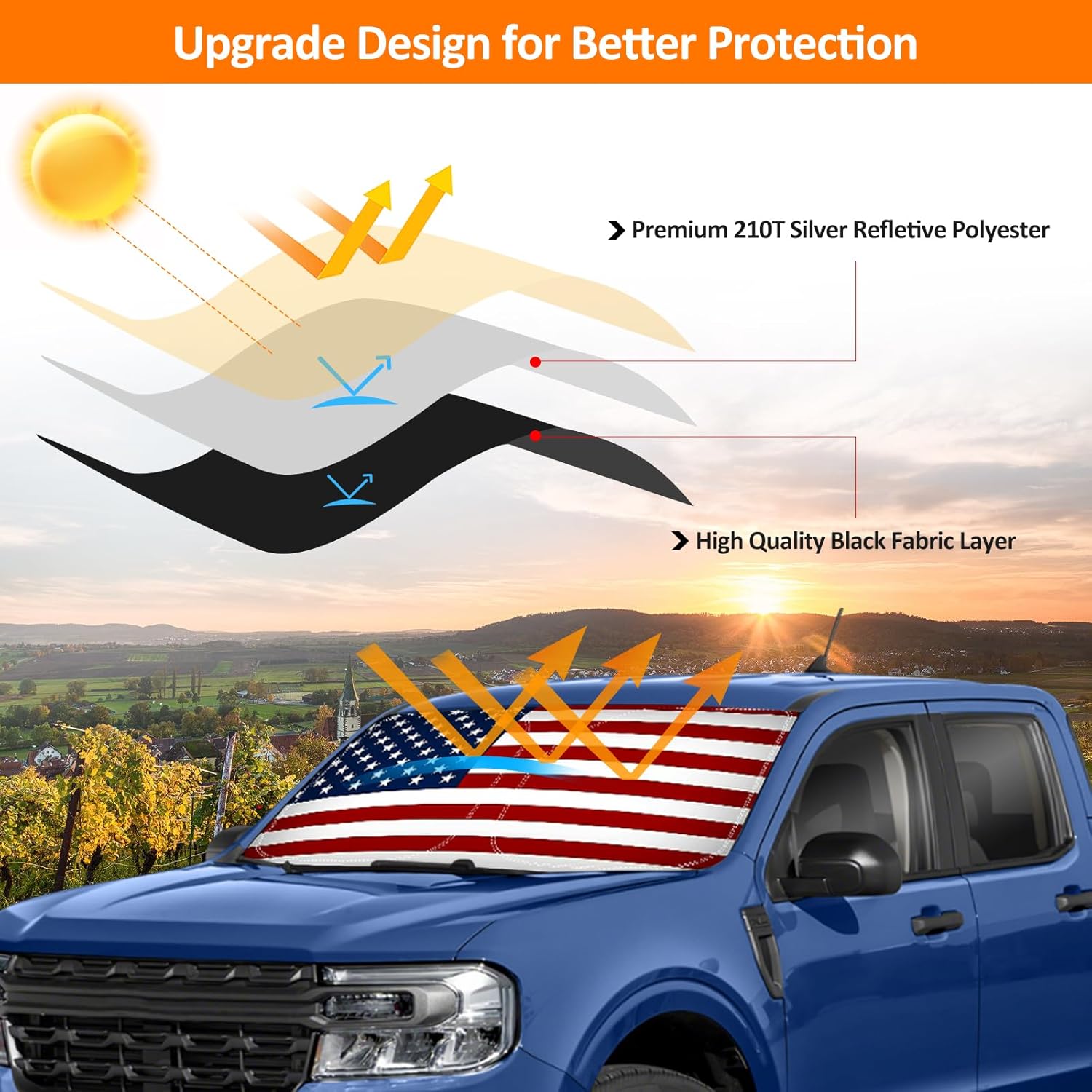 D-Lumina US Flag Winshield Sun Shade for 2020 2021 2022 2023 2024 2025 Fo-rd Maverick, Foldable Front Sun Shield Protector Blocks UV Rays, Window Sunshade Sun Visor Interior Accessories