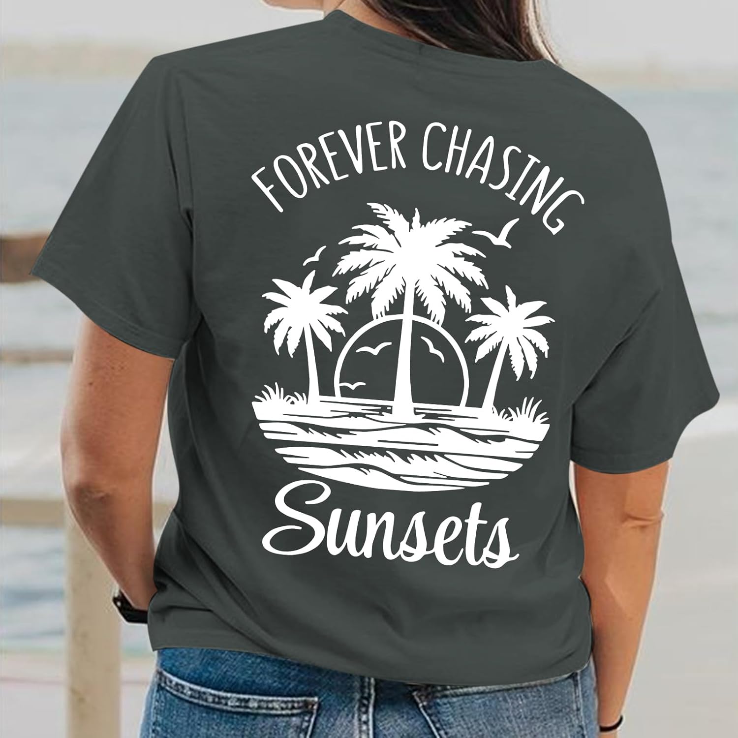 Forever Chasing Sunsets Tshirt Hawaiian Beach Shirts for Women Palm Tree Tropical Shirt Graphic Tees Summer Tops - Image 5