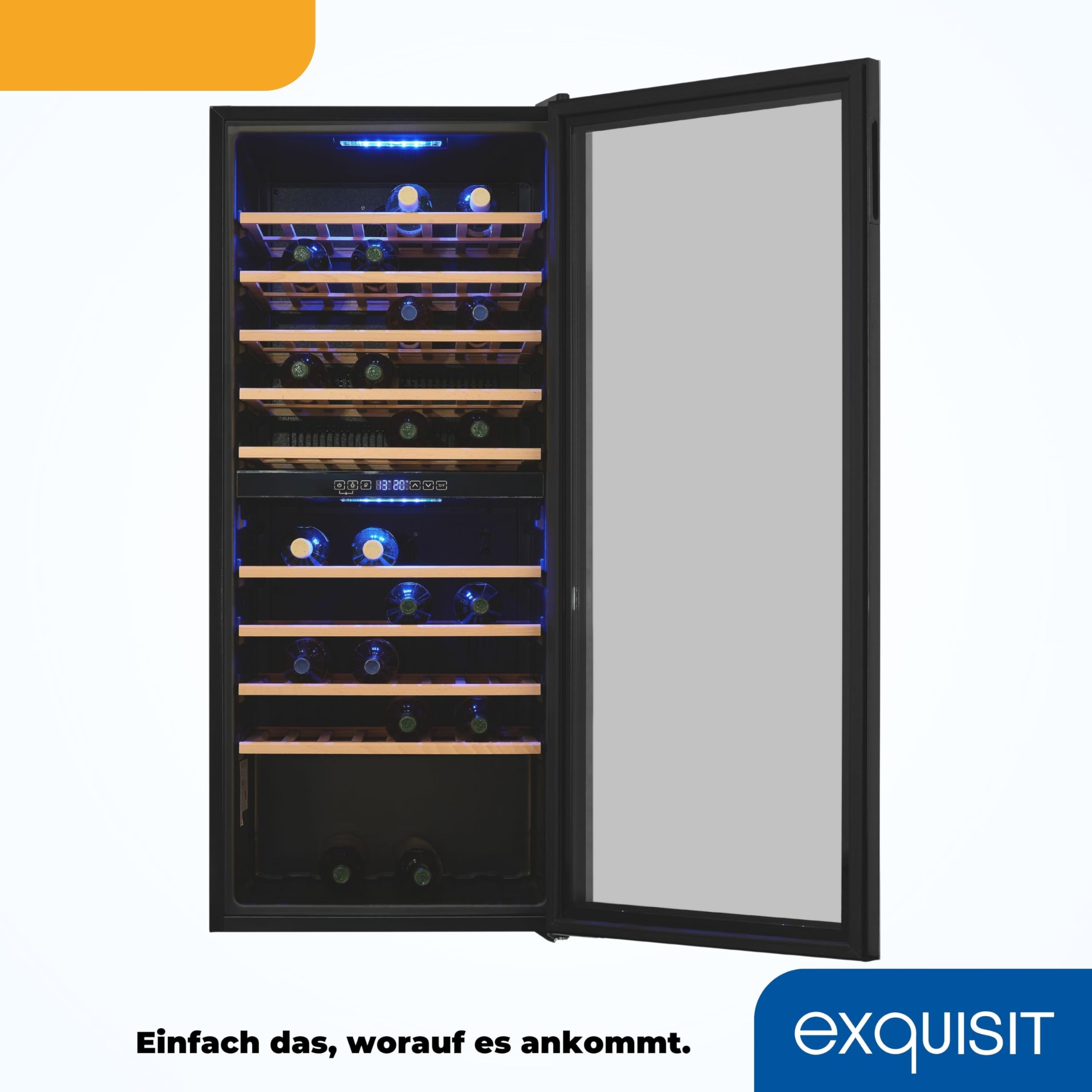 Exquisit Weinkühlschrank 2 Zonen 78 Flaschen 194 Liter Umluftventilator 9 Holzablagen Digitale Temperaturanzeige WS2-78-GTE-160G schwarz