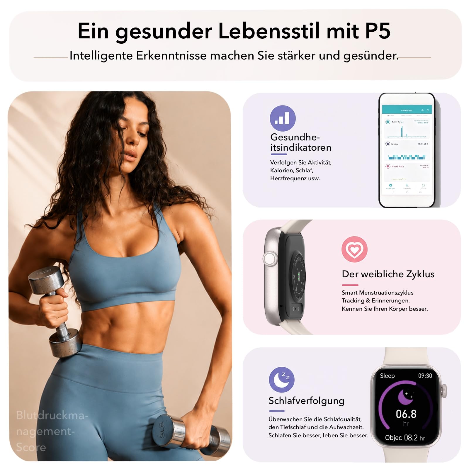 Smartwatch Damen Herren 1,85" HD Touch Fitnessuhr Telefonfunktion 140+ Sportmodi Pulsmesser Schlafmonitor Schrittzähler IP68 Wasserdicht Starlight