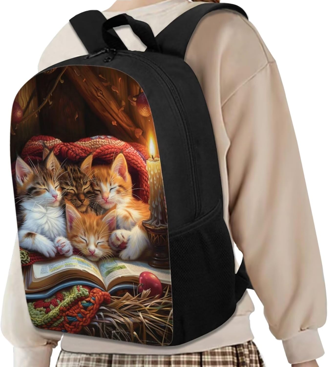Lovely Girls Backpack with Lunch Box Pencil Bag Nostalgic Cute Sleeping Cat Kitten Backpack Set for Girls Elementary School Comfy Lightweight 17 Inch Black School Bag with Lunch Bag