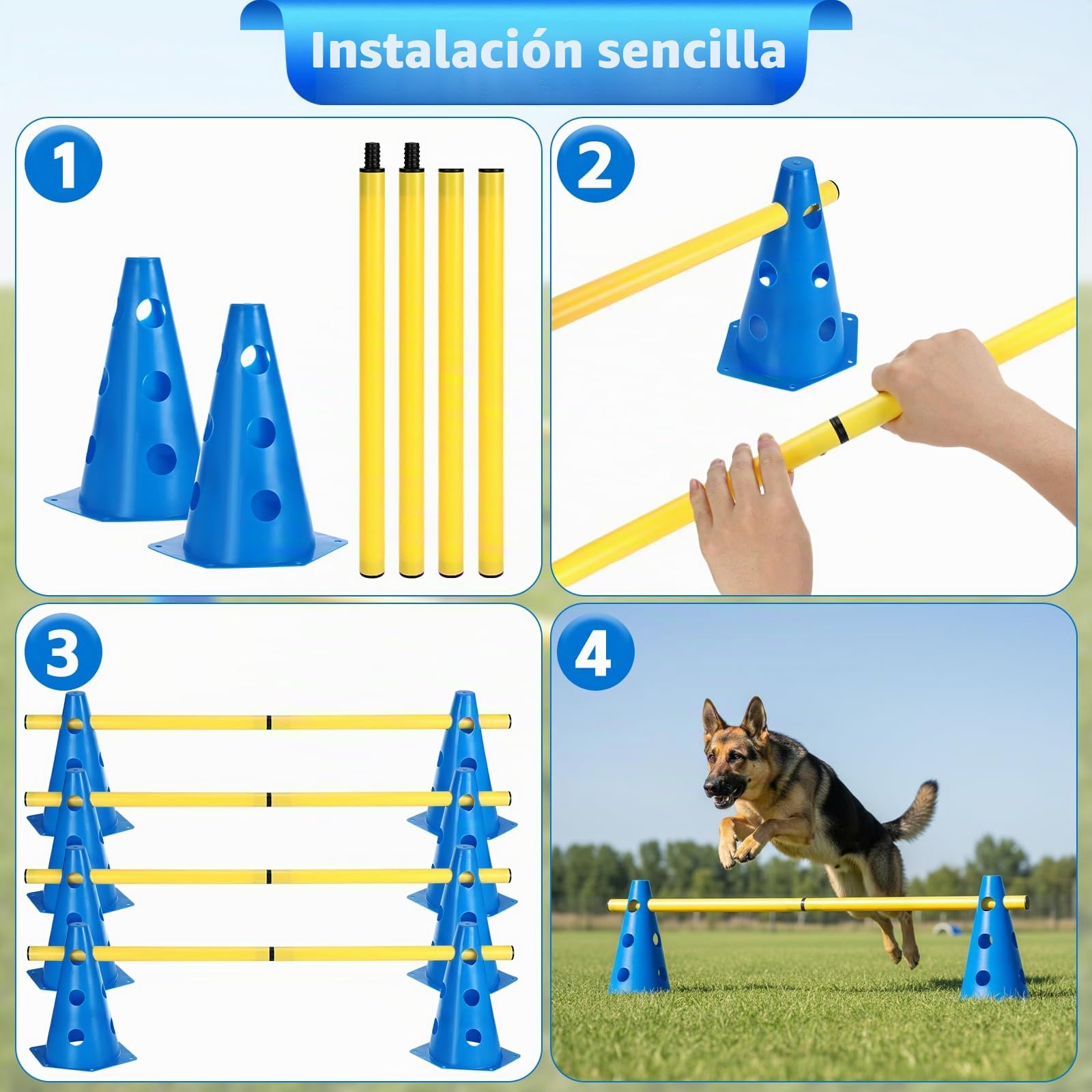 Juego de Agilidad para Perros, 8 Conos (24cm) + 4 Barras (81cm), Juego de Obstáculos Niños, Set de Obstáculos Ajustable en Altura para Entrenamiento Canino, Fútbol y Coordinación
