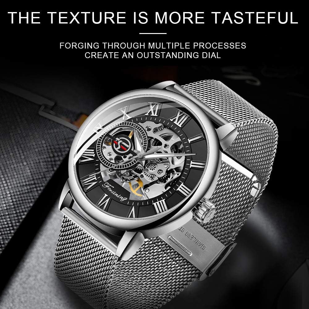 Gosasa Reloj mecánico de cuerda manual para hombre, ultrafino, esqueleto hueco, pulsera de acero inoxidable, reloj de pulsera de malla, Plateado negro, Moderno