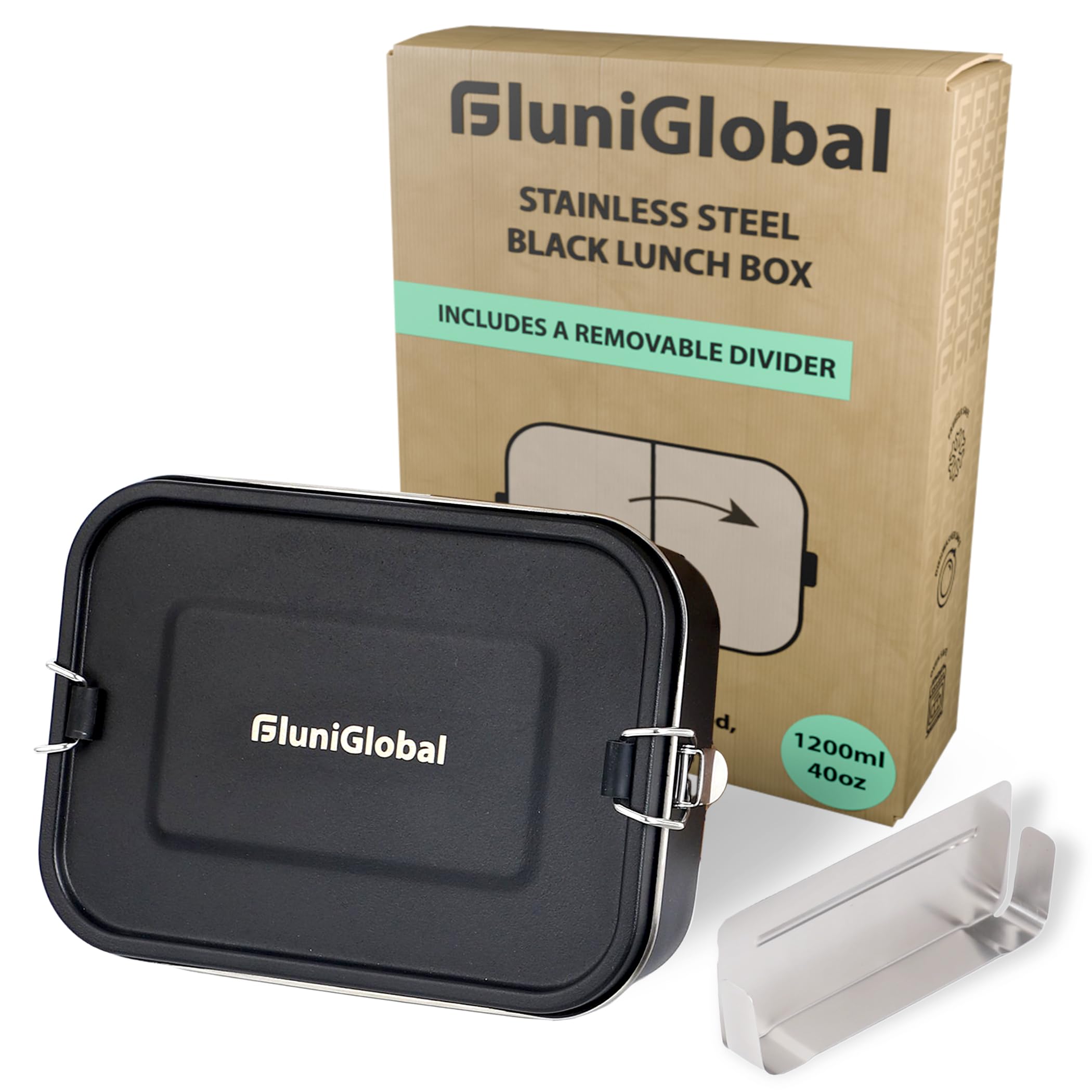 FLUNIGLOBAL Stainless Steel Lunch Box for Adults | 40 oz | Leak Proof with Silicone Locks | Elegant & Eco-friendly Metal Container for Travel | Removable Divider | Black