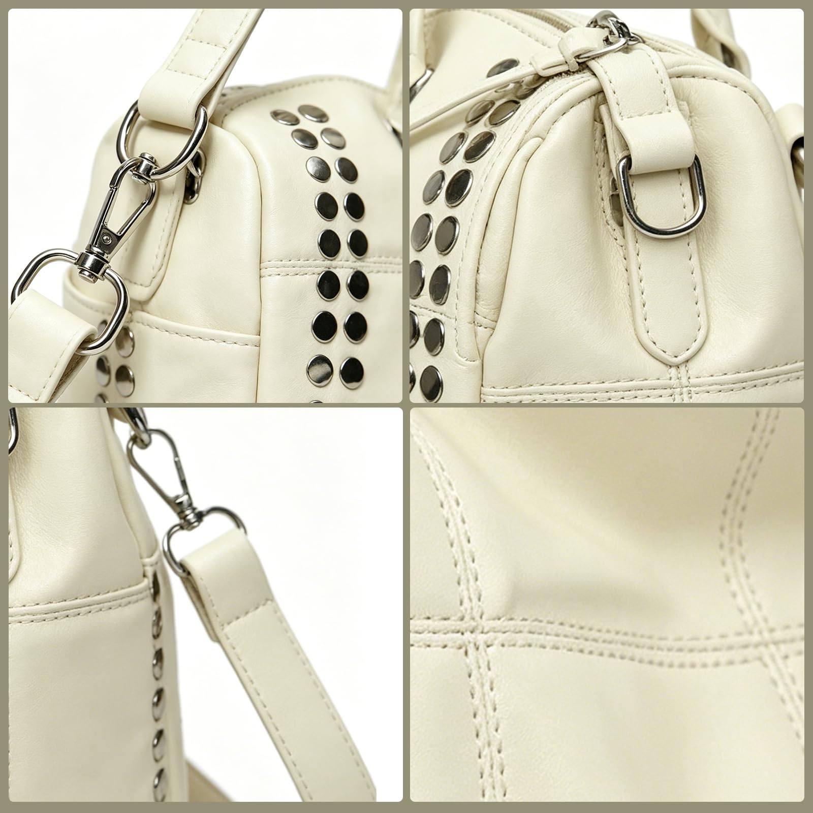 Bolso de mano de piel sintética para mujer, con remaches de metal, correa desmontable, tachonada, bolsa de mano para motocicleta, L
