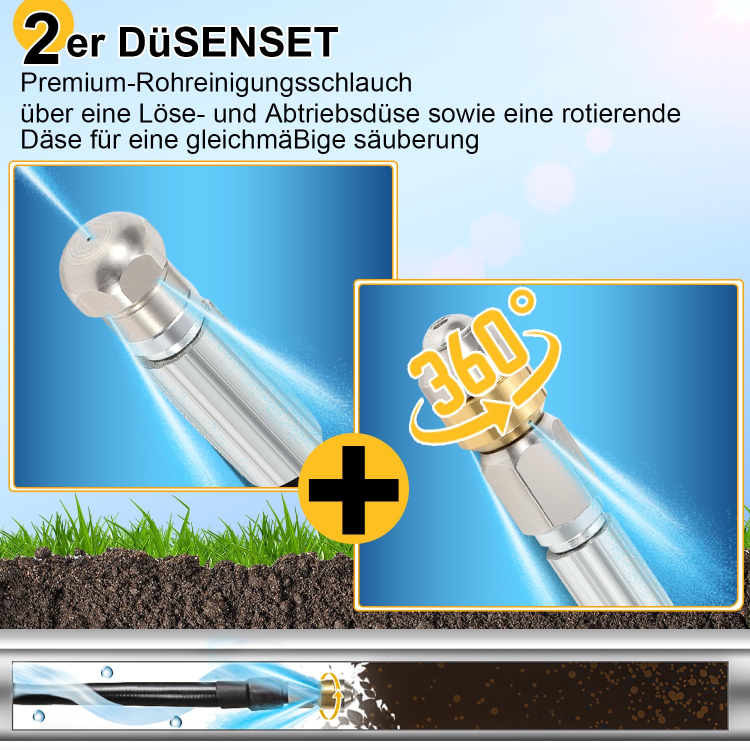 Rohrreinigungsschlauch 30 m für Kärcher K2 K3 K4 K5 K6 K7 HD Hochdruckreiniger, 160 bar, mit 2 Adaptern und 2 Düsen, starr + rotierend, 1/8 Anschluss, Rohrreinigungsset