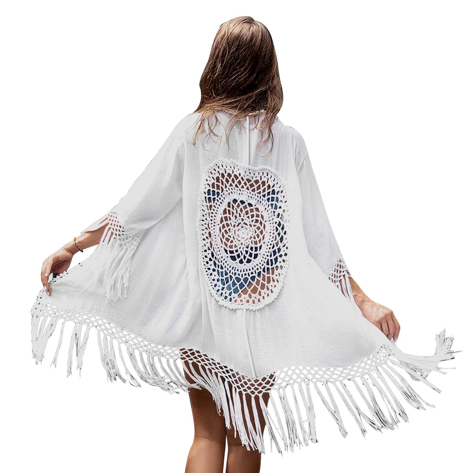 Zimoer Cárdigans Kimono Largo con Borlas para Mujer Traje de Baño de Playa Bikini Cover Up Blanco, Kimono Mujer Cárdigan Verano Kimonos Bikini Cover Up Pareos Mujer Cárdigan Gasa Vestido de Playa