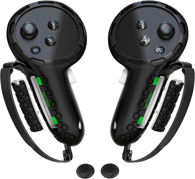 Controller Grips Compatible with Meta Quest 3S Oculus Quest 3 Controllers Straps Knuckle Hand Strap with Battery Opening Covers with Thumbsticks Covers Black, Batteries Not Included