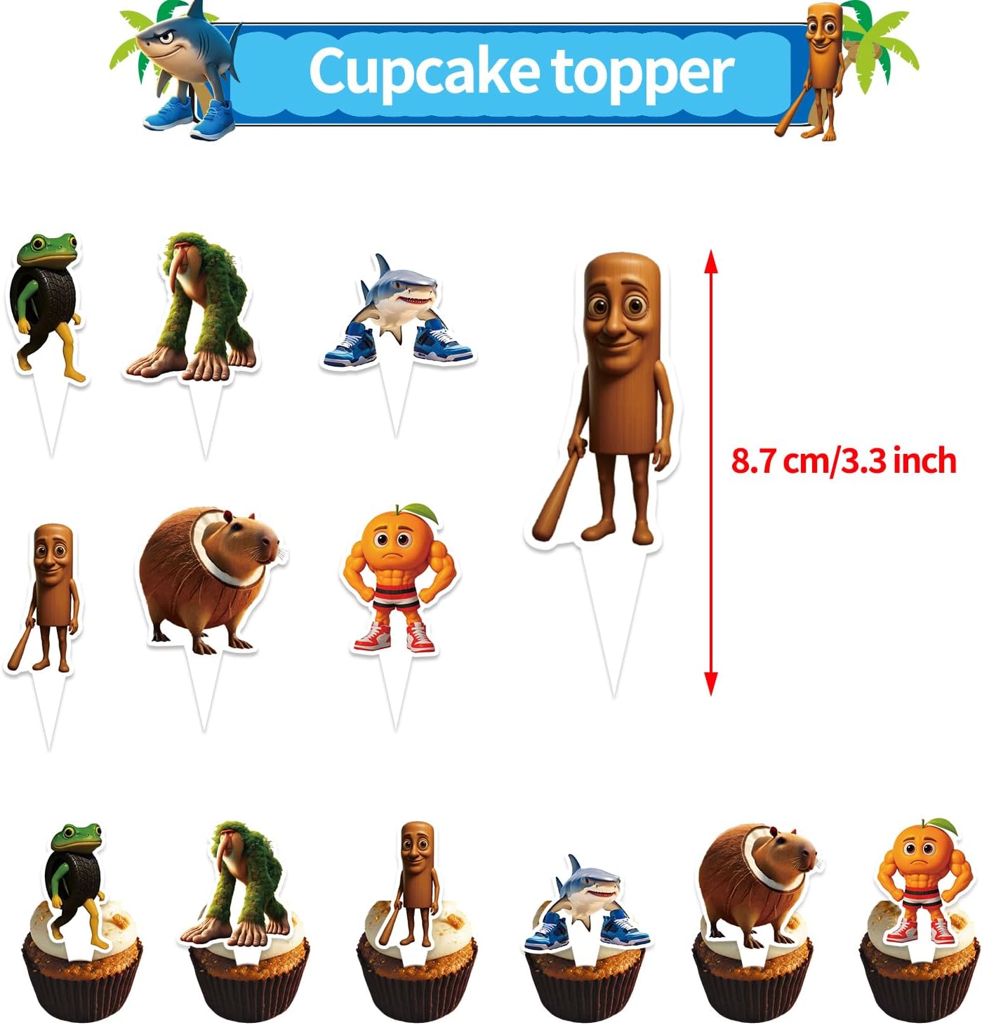 Italian Brainrot Birthday Party Decorations Set with Happy Birthday Banner, Balloons, Cupcake Toppers, Cartoon Animal Theme (Decorations Set+Backdrop Banner)