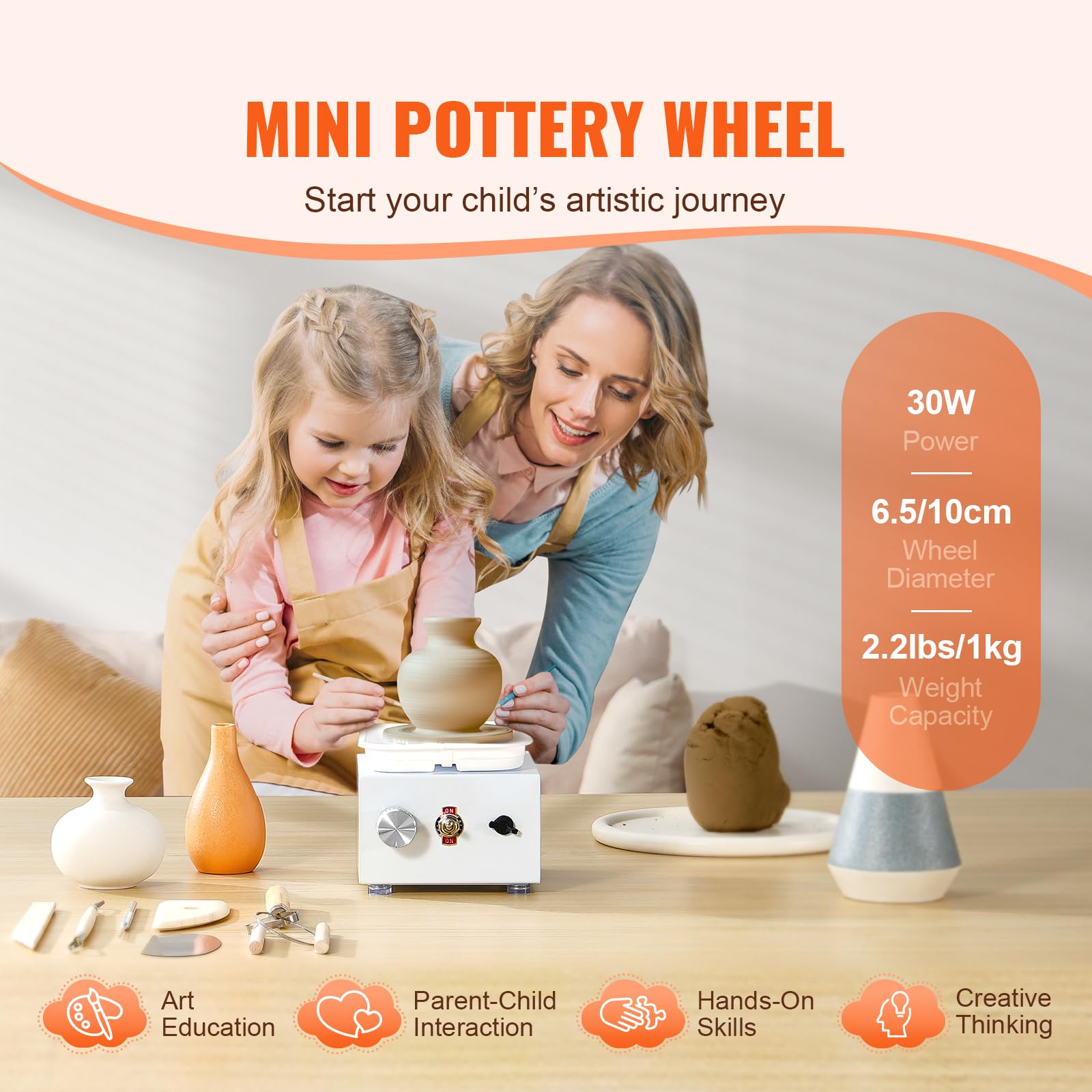 Happybuy Mini Pottery Wheel, 0-320RPM Adjustable Speed, Detachable Basin Forming Machine, with 2.56in/3.94in 2 Turntables, 18pcs Accessories, Great for Art Craft Work & Home DIY, White