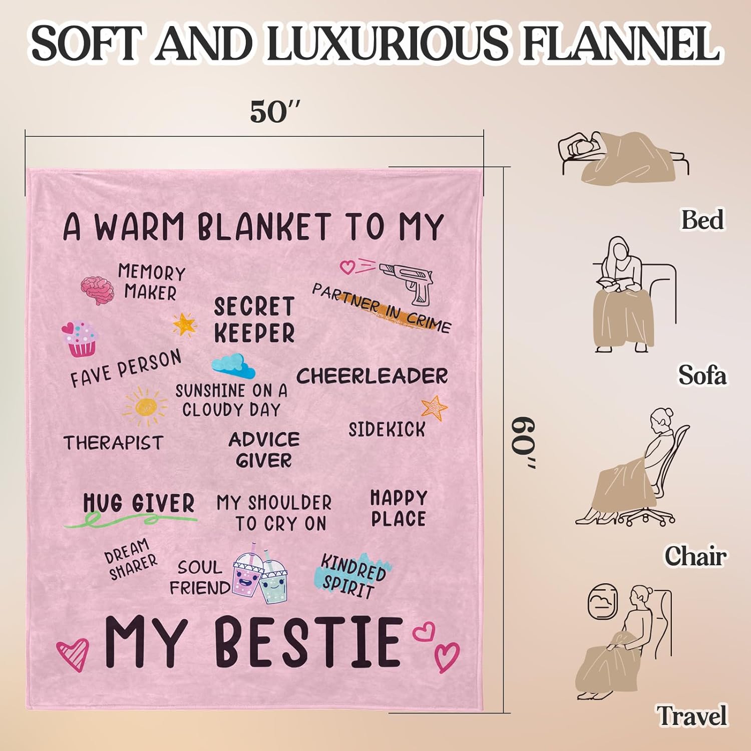 Best Friend Birthday Gifts for Women, Bestie Birthday Gifts for Women -Best Friend Blanket 60"x 50", Friendship Gift for Woman, BFF - Soul Sister Gift for Woman, Christmas day for BestFriend, Pink - Image 5