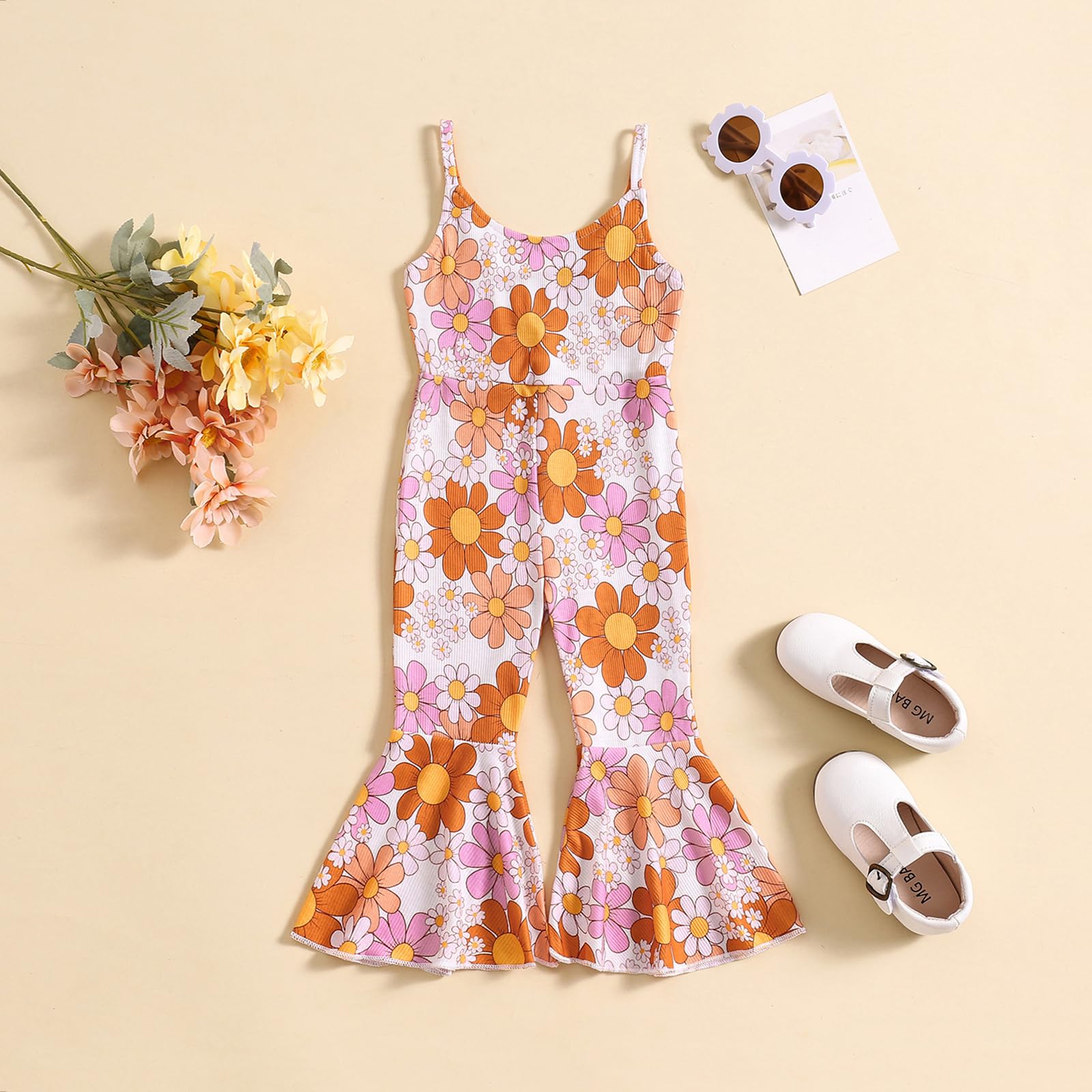 Dcohmch Toddler Girl Bell Bottom Jumpsuit Sleeveless Romper Pants Flower Halter Overalls Summer Clothes 1-5T (Lavender, 12-18 Months)