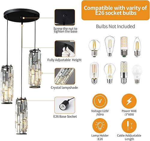 Miniatura 2 de LMQNINE - 3 luces para iluminación colgante color negro, lámpara colgante moderna, mini candelabros de cristal, lámpara colgante ajustable para